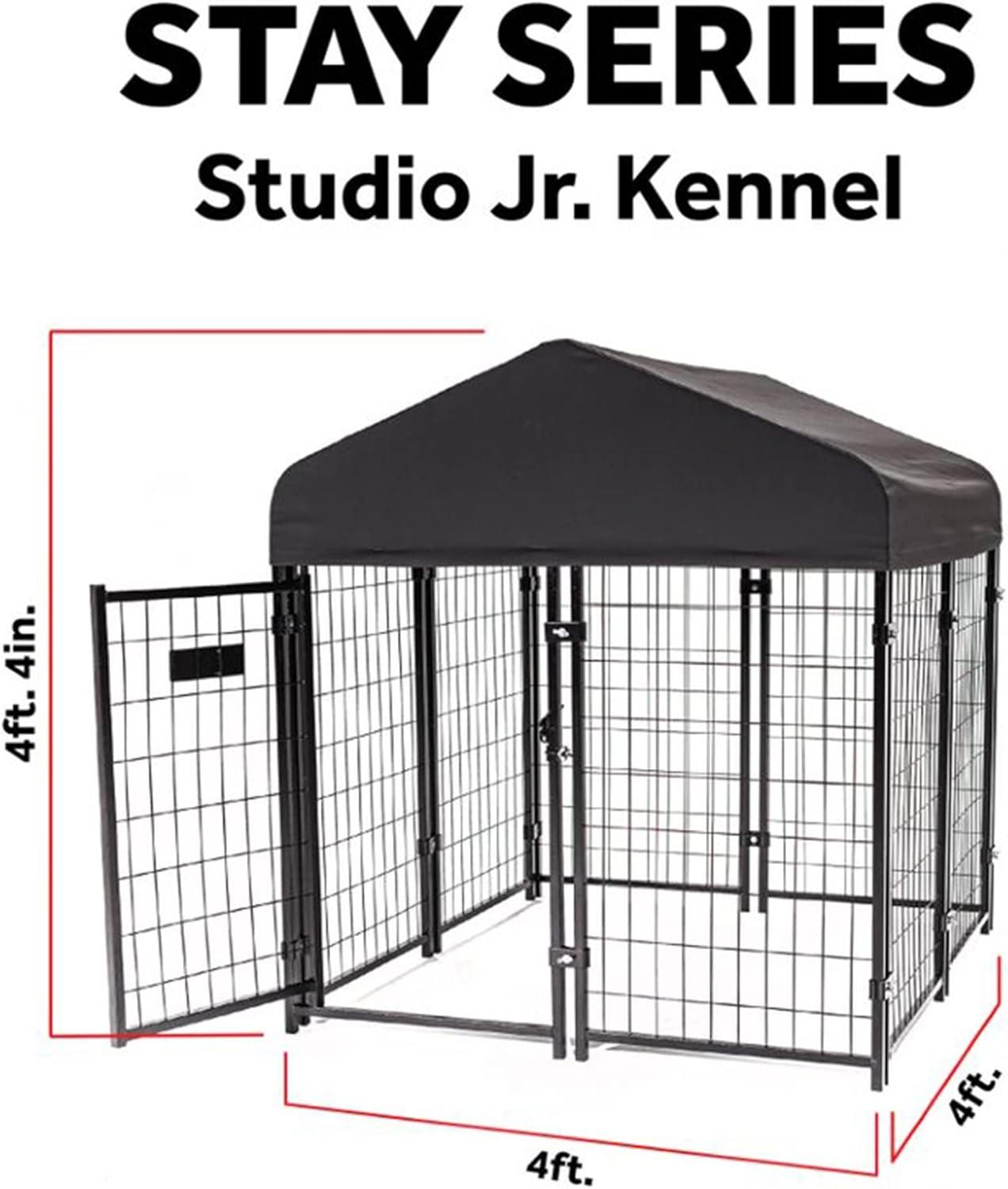 Lucky Dog STAY Series Black Powder Coat Steel Frame Villa Dog Kennel with Waterproof Canopy Roof and Single Gate Door