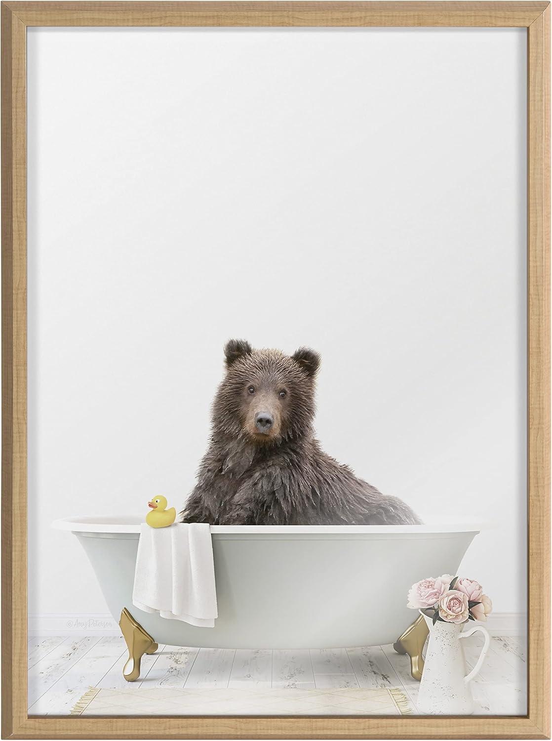 Kate & Laurel All Things Decor 18" x 24" Blake Bear Cottage Bathroom Framed Printed Glass by Amy Peterson Art Studio Natural