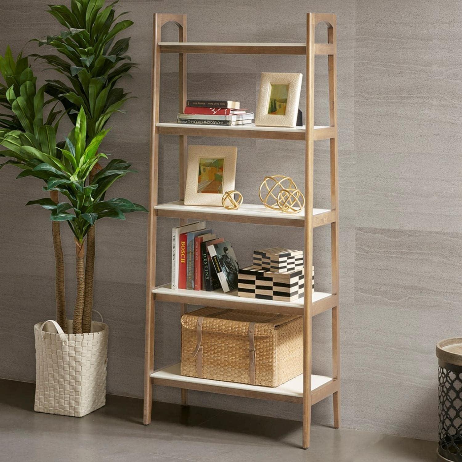 Parker Mid-Century Solid Wood and MDF Ladder Bookcase in Off-White/Natural