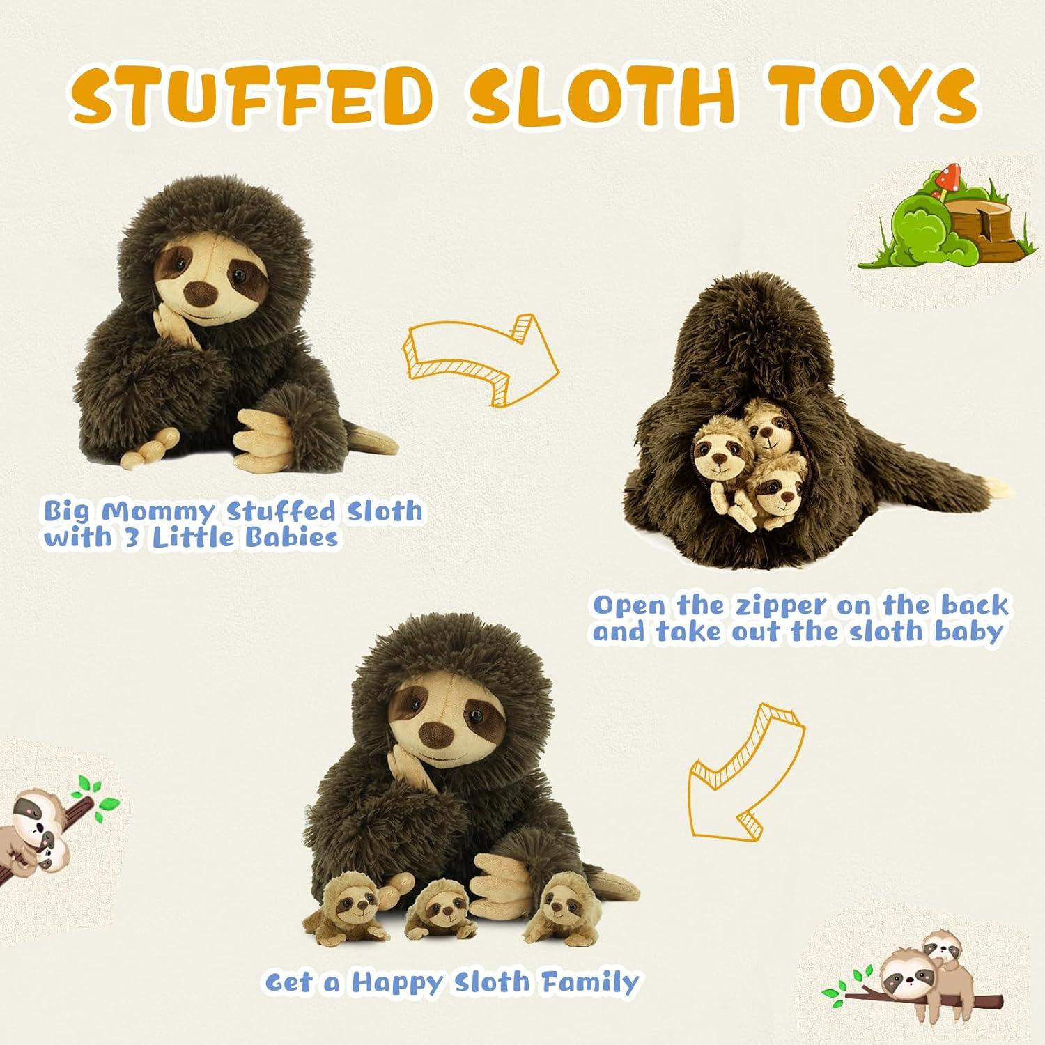 Brown Plush Sloth with 3 Baby Sloths, 11" Washable Toy