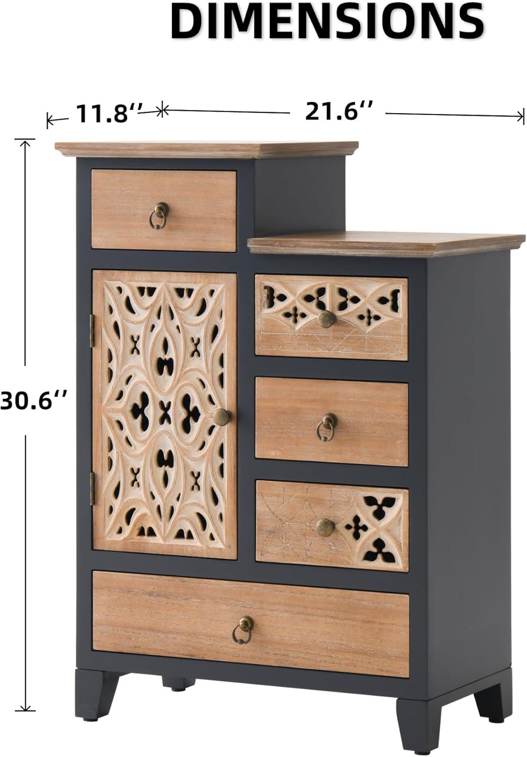 Fienley Farmhouse 21.6"W x 30.6"H x 11.8"D 1-Door Carved Wood Accent Chest With 5-Drawers, Rich Natural,Blue