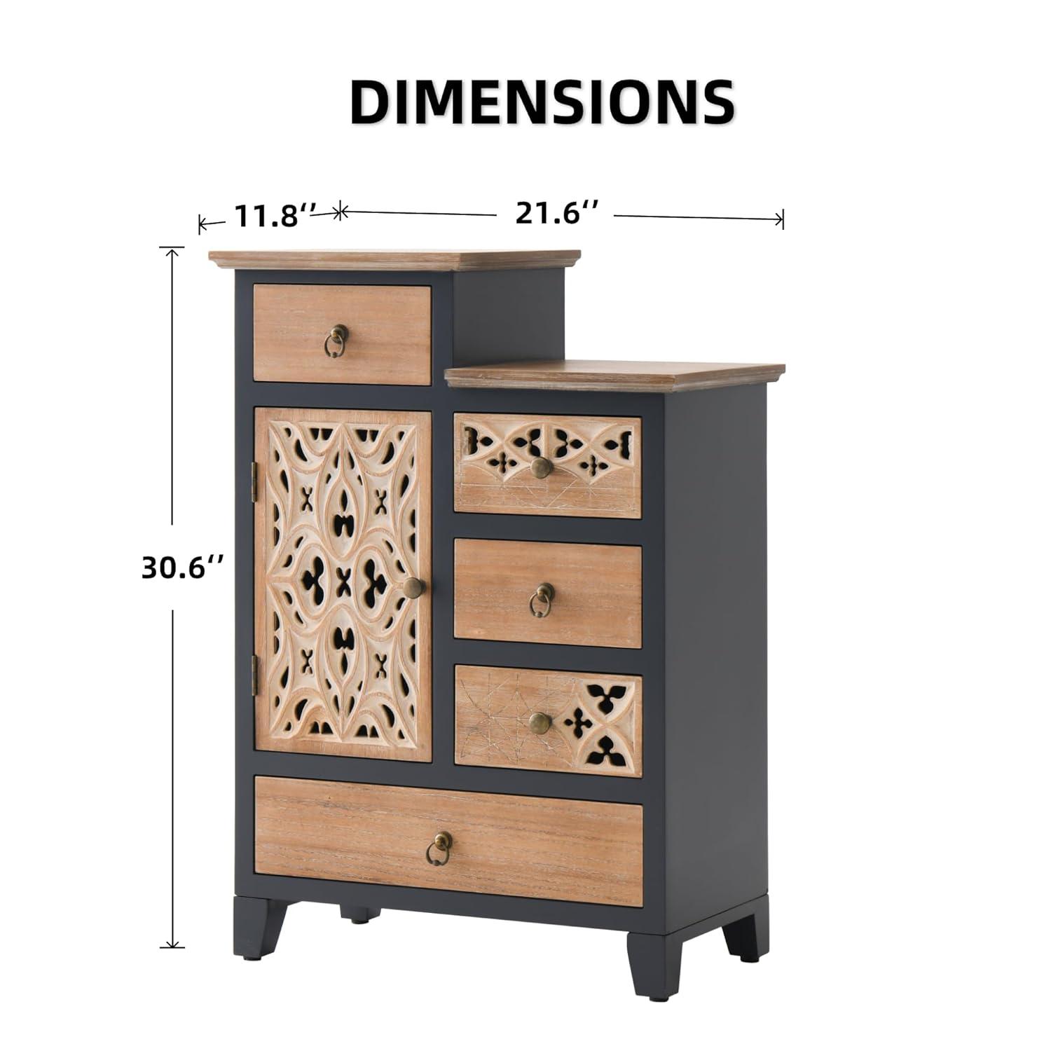 Fienley Farmhouse 21.6"W x 30.6"H x 11.8"D 1-Door Carved Wood Accent Chest With 5-Drawers, Rich Natural,Blue