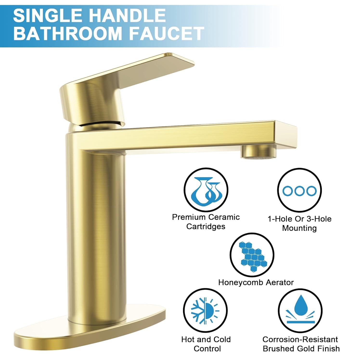 Brushed Gold Bathroom Faucet Gold Bathroom Sink Faucet Single Handle Gold Bathroom Faucet Modern Single Hole Faucet Bathroom with Pop-up Sink Drain Stopper & Deck Plate 1 or 3 Hole Bathroom Faucet