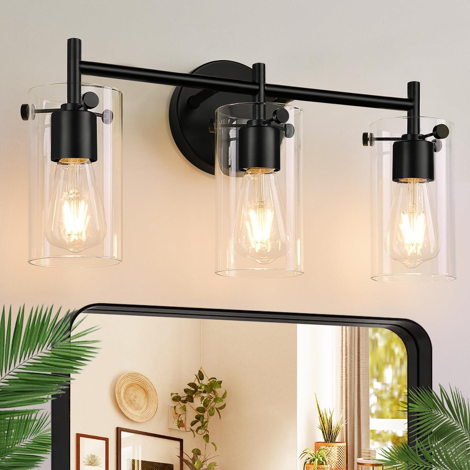 3-Light Bathroom Light Fixtures Bathroom Vanity Lights with Clear Glass Shades Matte Black Bathroom Light Fixtures over mirror for Mirror Living Room Cabinet Bedroom Porch