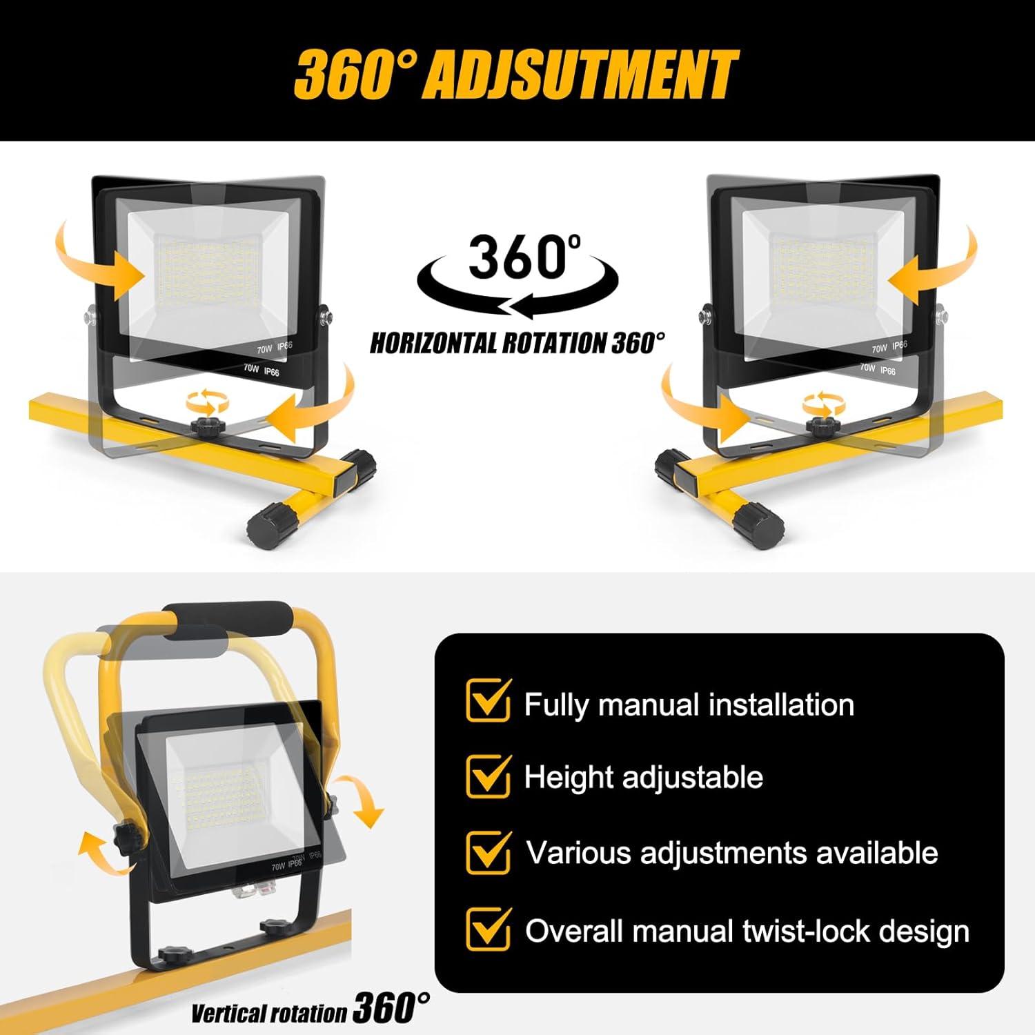 21000 Lumen Work Lights with Stand，3 Adjustable Head LED Work Light, with Adjustable and Foldable Tripod Stand, Waterproof Lamp with Individual Switch with 6500 Kelvin Color Temperature