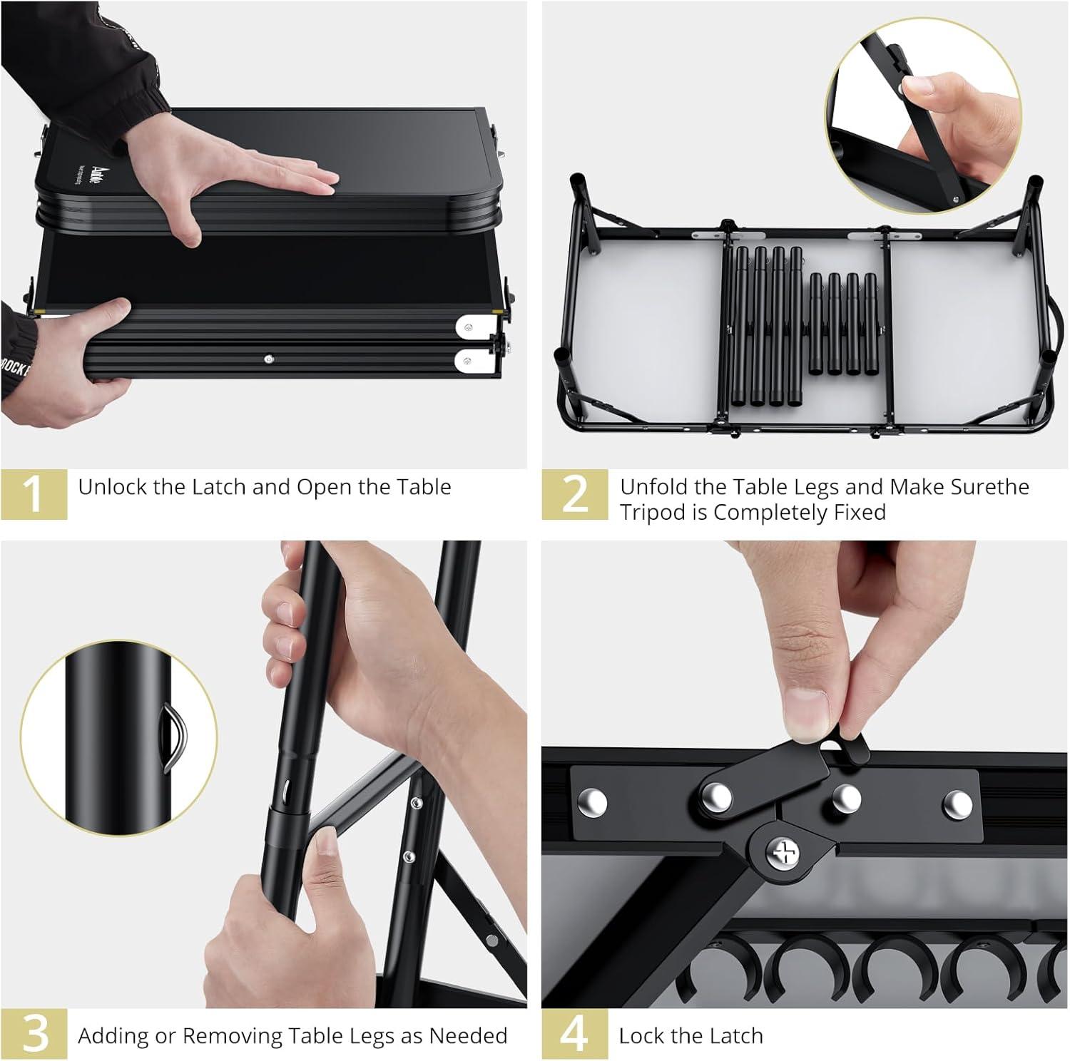 Black Aluminum Folding Camping Table with Adjustable Heights and Storage Net