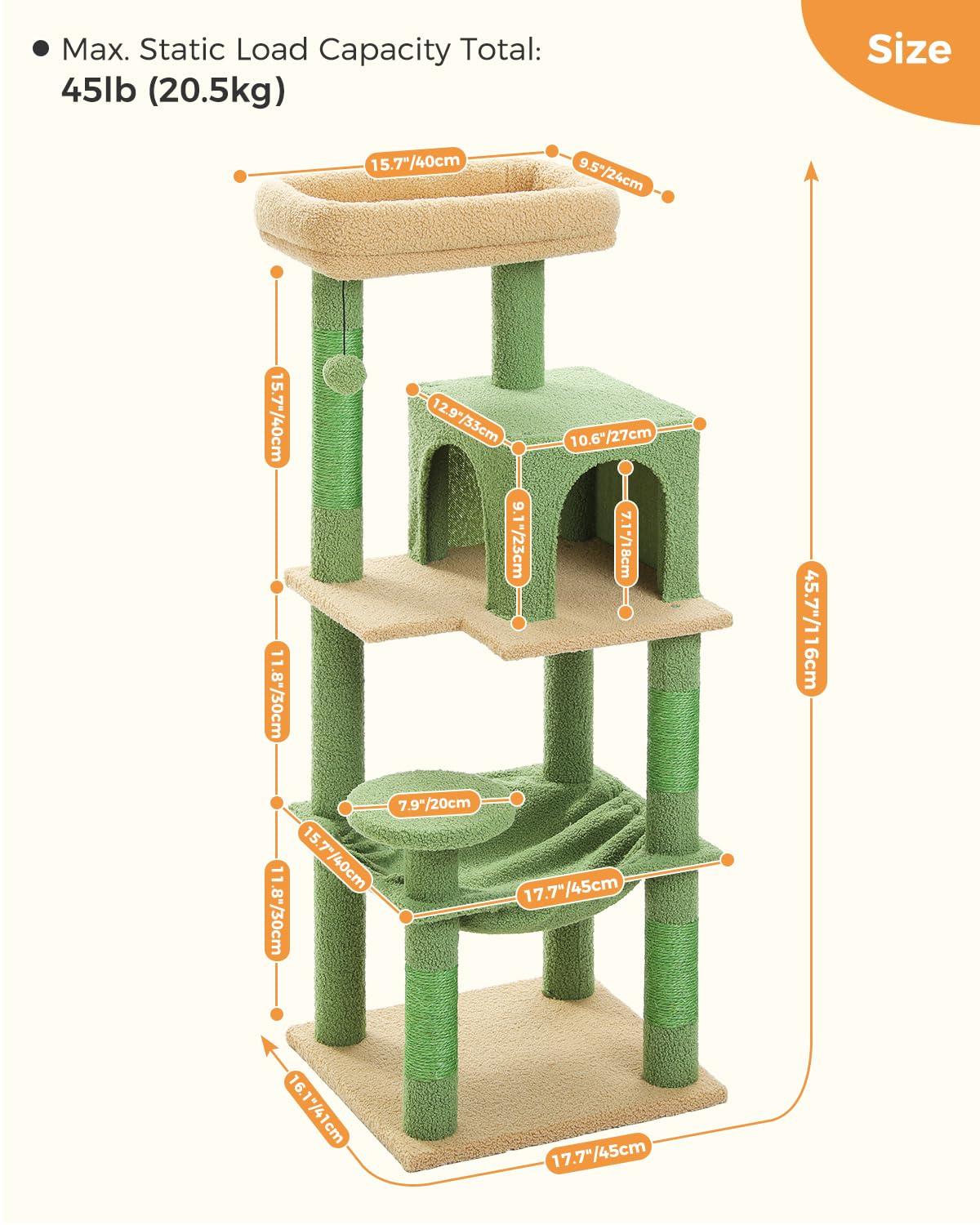 Cat Tree for Indoor Cats, 45.7" Multi-Level Cat Tower with Large Metal Frame Hammock, Cat Condo with 4 Scratching Posts and Top Perch for Small Medium Cat, Beige