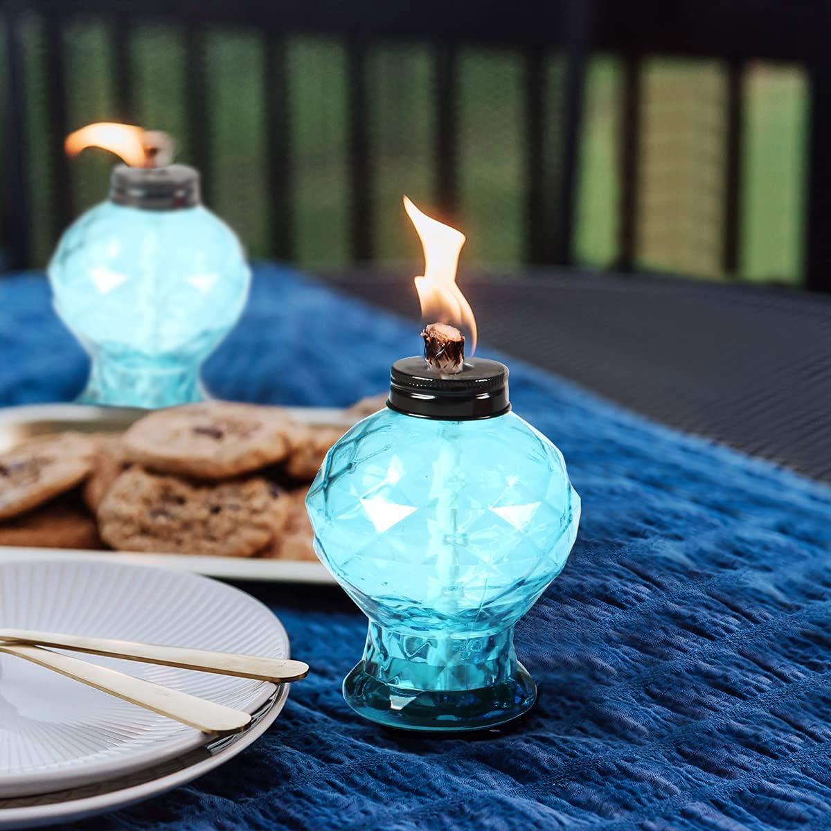 TRAHOO-4 Pack Glass Table Top Light Torches for Outside, Easy to Refill Glass Citronella Torches Outdoor Lanterns, Wick and Cap Included Torch for Garden Patio Yard Party