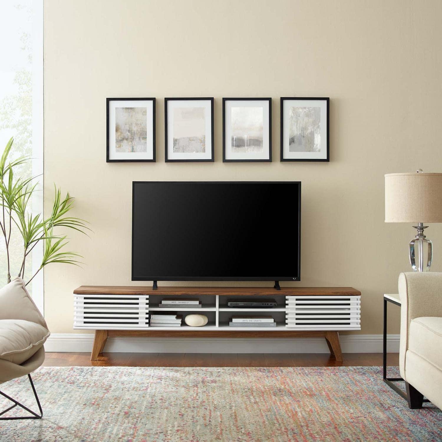 Render Entertainment Center TV Stand for TVs up to 78" Walnut/White - Modway: Mid-Century Design, Media Storage, Cable Management