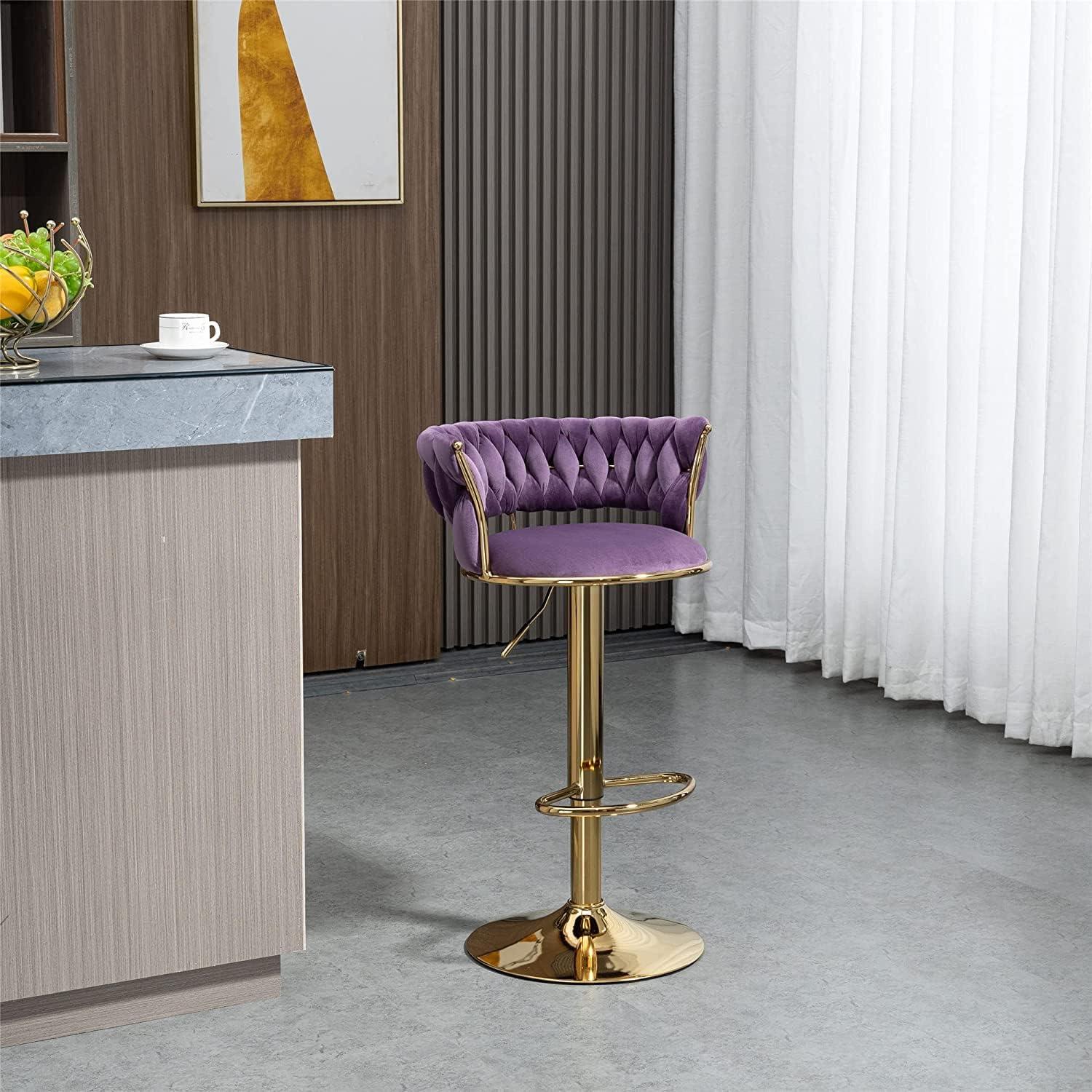 Kakotito 360° Velvet Swivel Bar Stools with Low Back & Footrest, Adjustable Counter Barstools, Silver Bar Stool (Set of 2 - Silver Version, Pink)