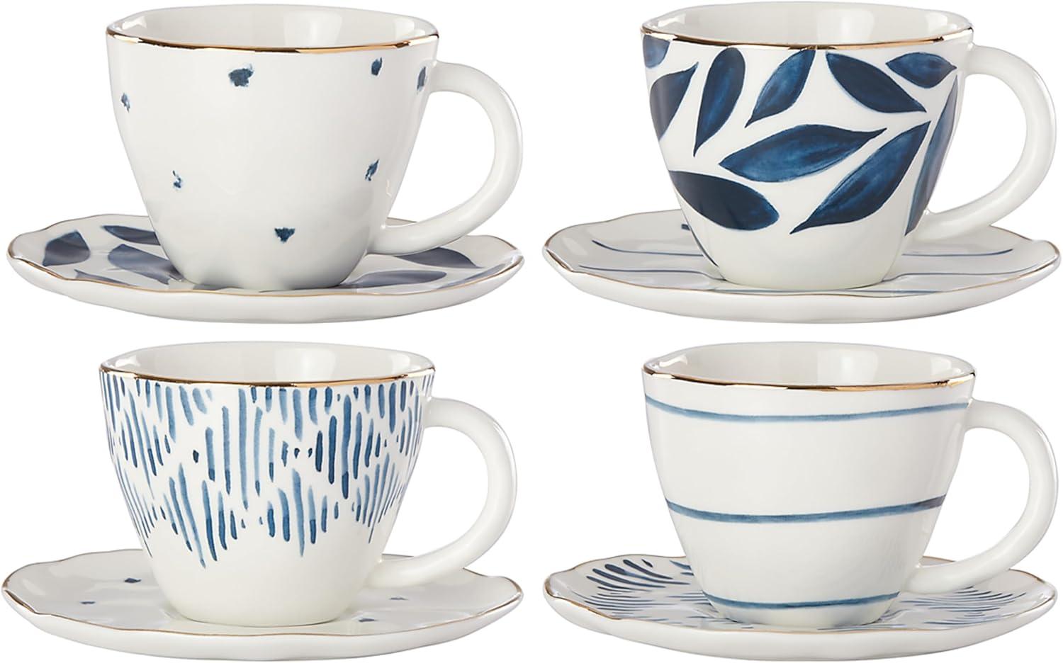 Blue and White Floral Geometric Espresso Cup and Saucer Set, 4-Piece