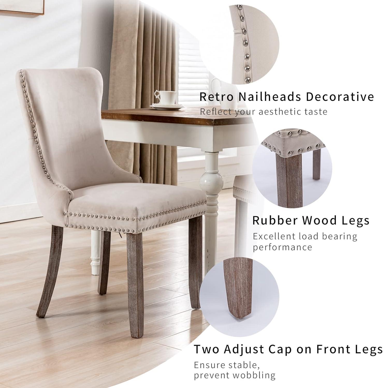 ODUSE-DAILY Beige Velvet Dining Chairs Set of 6, Kitchen & Dining Room Chairs, Sillas De Comedor, Nailheads Tufted, Fabric Upholstered, Solid Wood Frame (Beige, 6 Pcs)