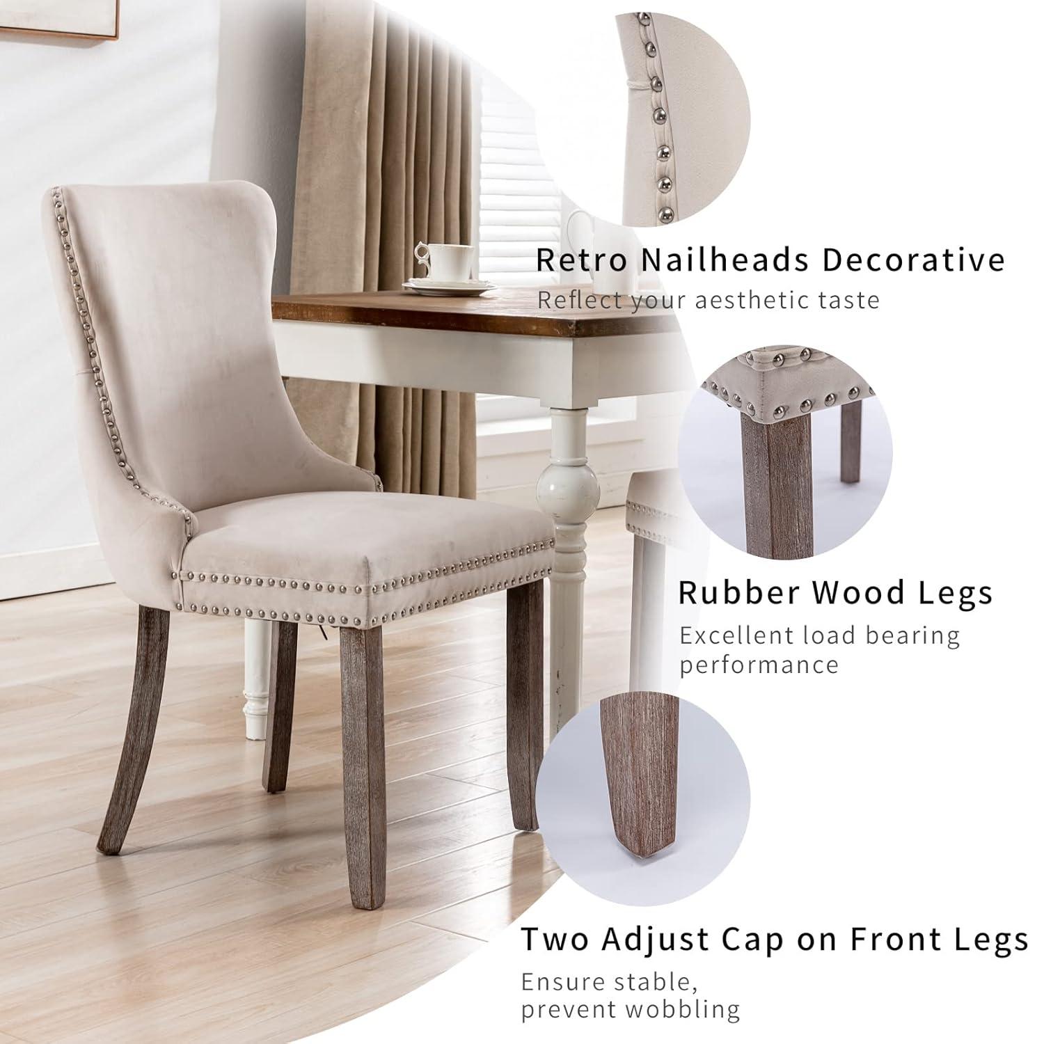 ODUSE-DAILY Beige Velvet Dining Chairs Set of 6, Kitchen & Dining Room Chairs, Sillas De Comedor, Nailheads Tufted, Fabric Upholstered, Solid Wood Frame (Beige, 6 Pcs)