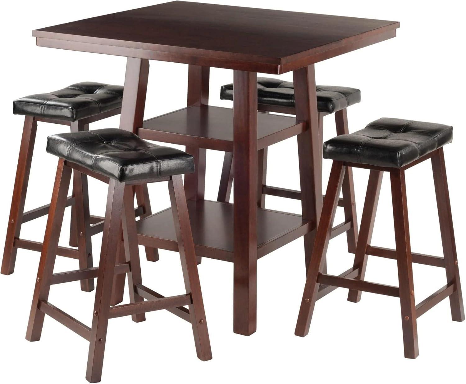 Walnut Square High Table & 4 Cushioned Stools Set with Storage Shelves