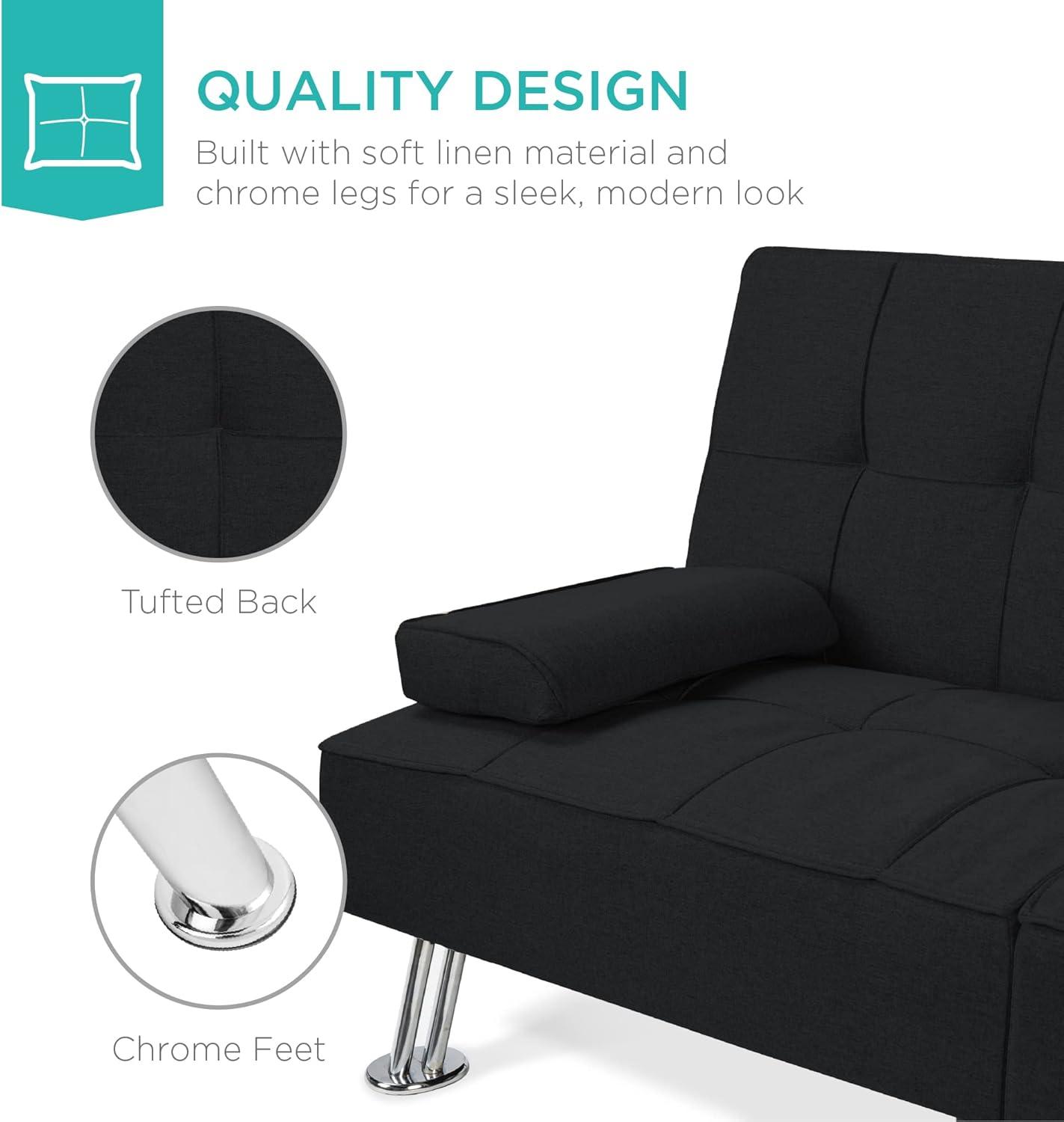 Best Choice Products Modern Linen Convertible Futon Sofa Bed w/ Removable Armrests, Metal Legs, Cupholders - Black