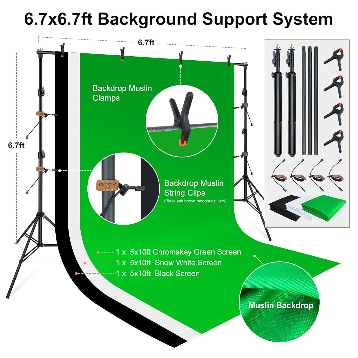 LINCO Photography Lighting Kit, Softbox Light Kit with 6.7ft x 6.7ft Photography Backdrop Stand for Product Photography