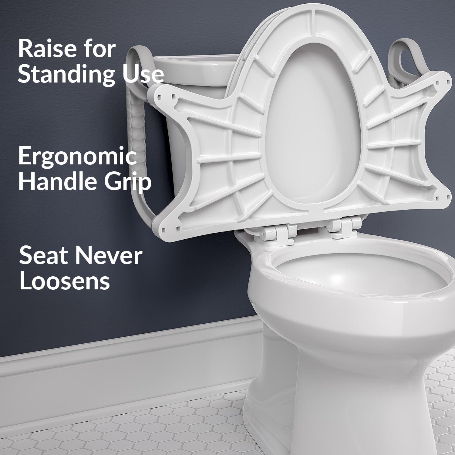 Elongated White Plastic Toilet Seat with Support Handles