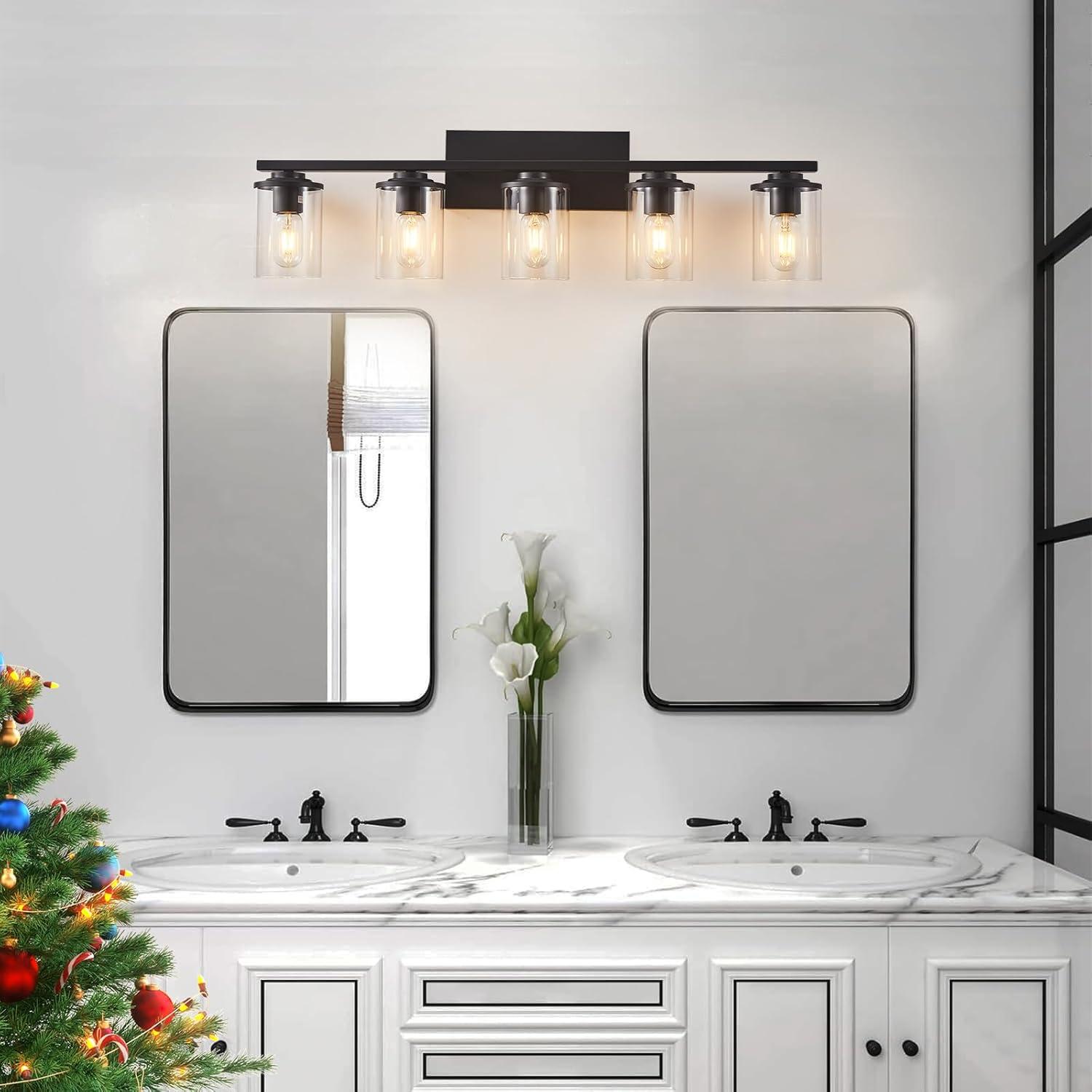 Matte Black 5-Light Bathroom Vanity Fixture with Glass Shades