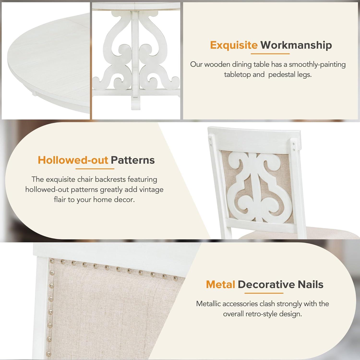 5 Piece Dining Table Set, Retro Functional Dining Set with 1 Extendable Table with a 16-inch Leaf and 4 Upholstered Chairs for Dining Room and Kitchen (Antique White)