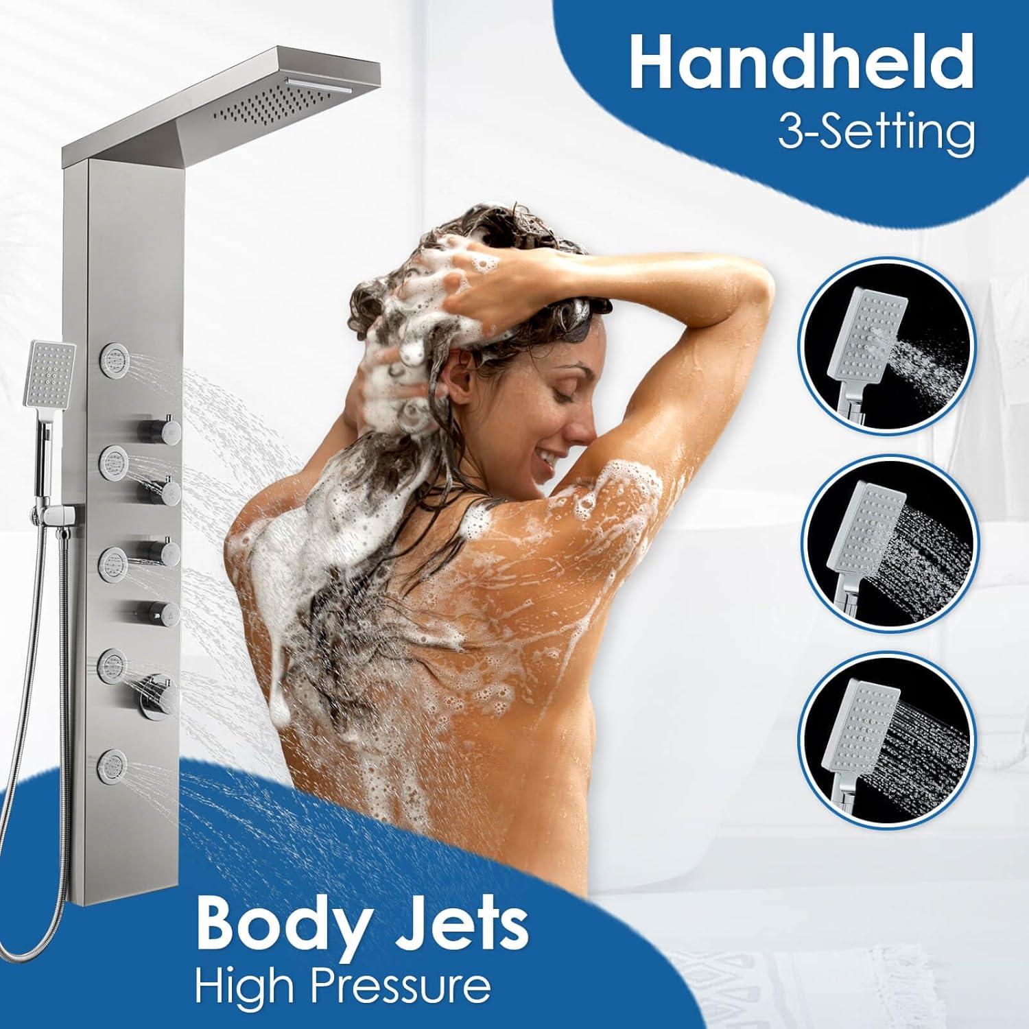 Brushed Stainless Steel Wall-Mount Shower Panel with Body Jets