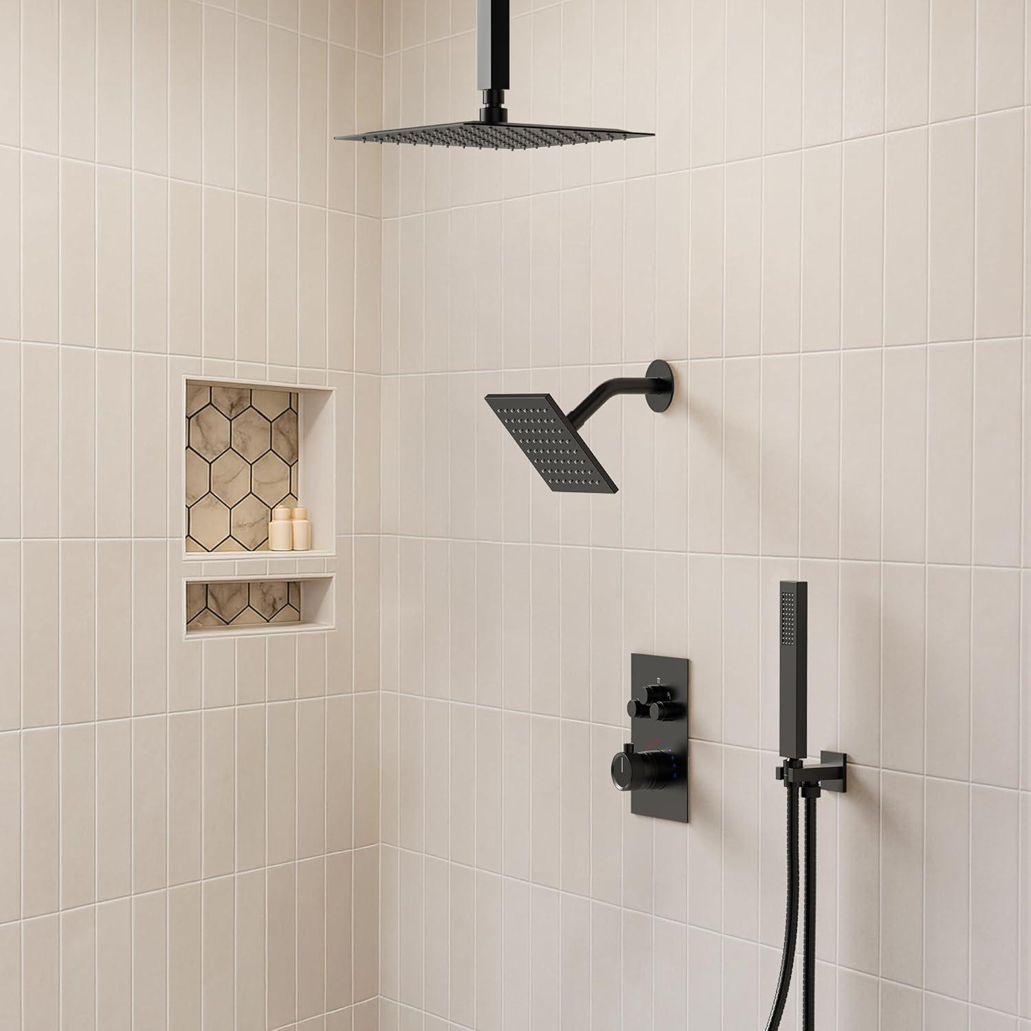 Thermostatic Shower Faucet 12" High-Pressure Dual Showerheads with Rough-In Valve