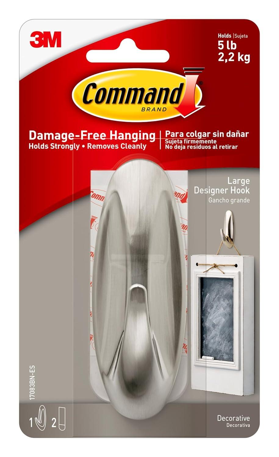 Command Large Designer Nickel Hook : Wall Hooks, Large Command Hooks, Silver, 5 lb Capacity, Decorative, Painted Finish