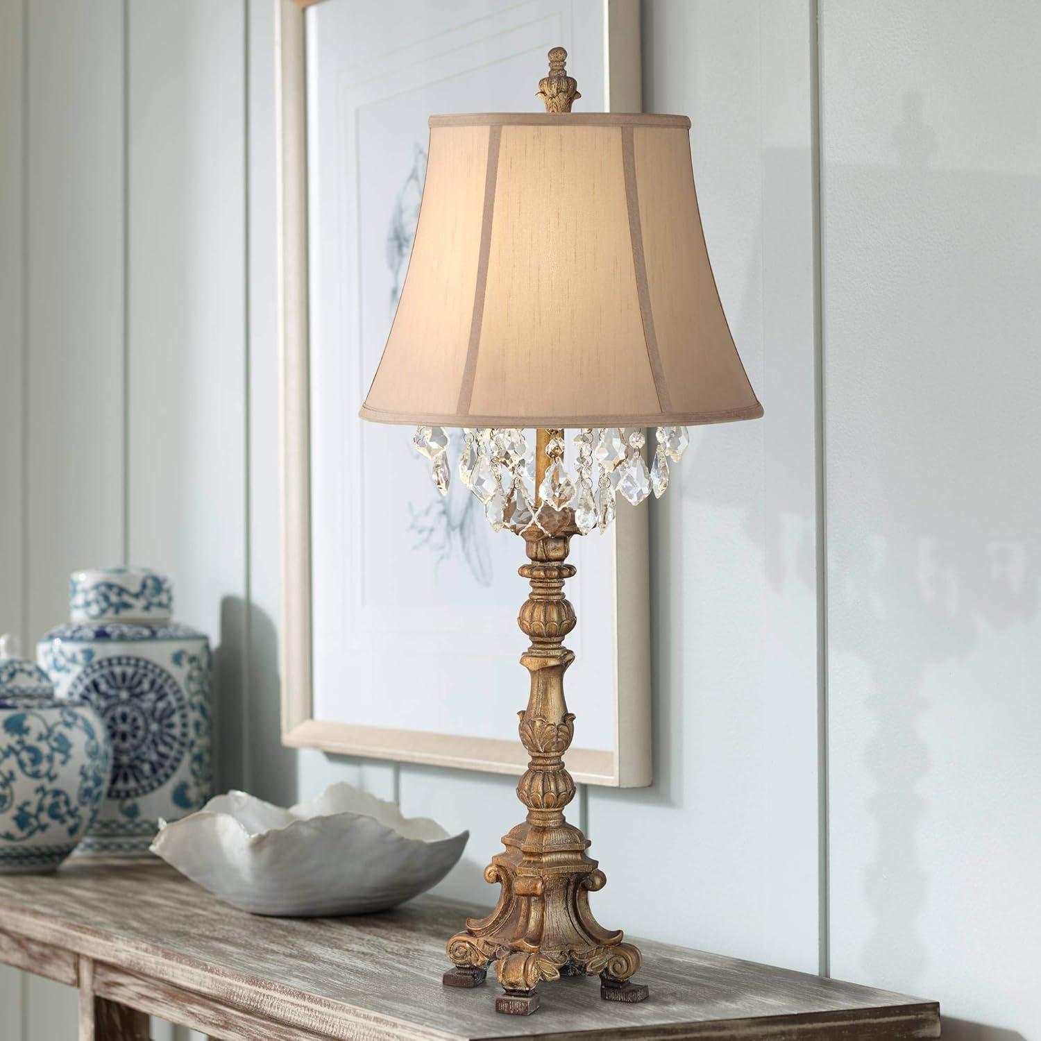 Barnes and Ivy Duval Traditional Table Lamp 33" Tall Aged Gold Candlestick Crystal Fabric Bell Shade for Bedroom Living Room Bedside Office Family