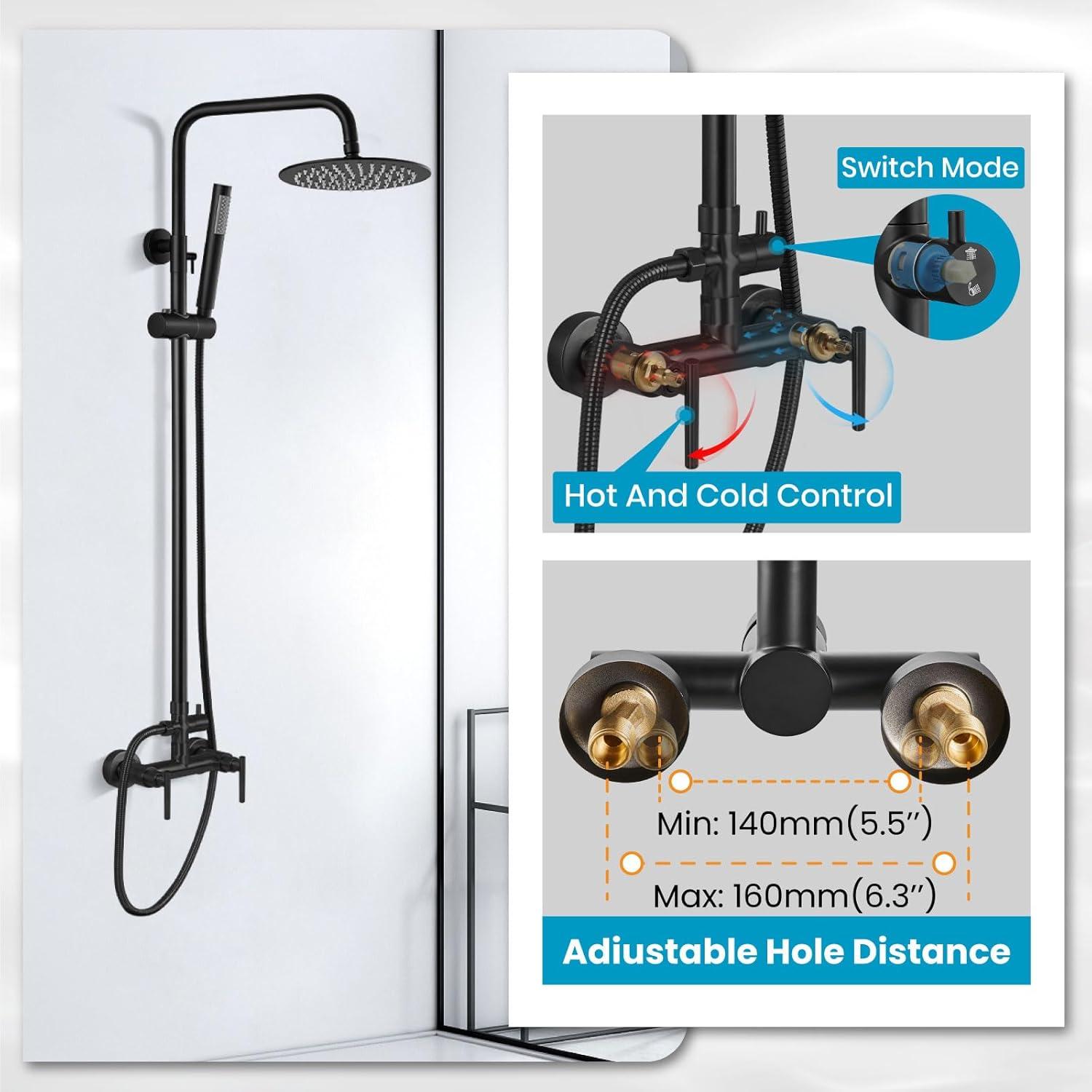 gotonovo SUS304 Outdoor Shower Fixture High Pressure Shower System Wall Mount 2 Dual Function Single Handle Shower Kit with 8 Inch Shower Head and Handheld Spray Shower Faucet Combo, Matte Black