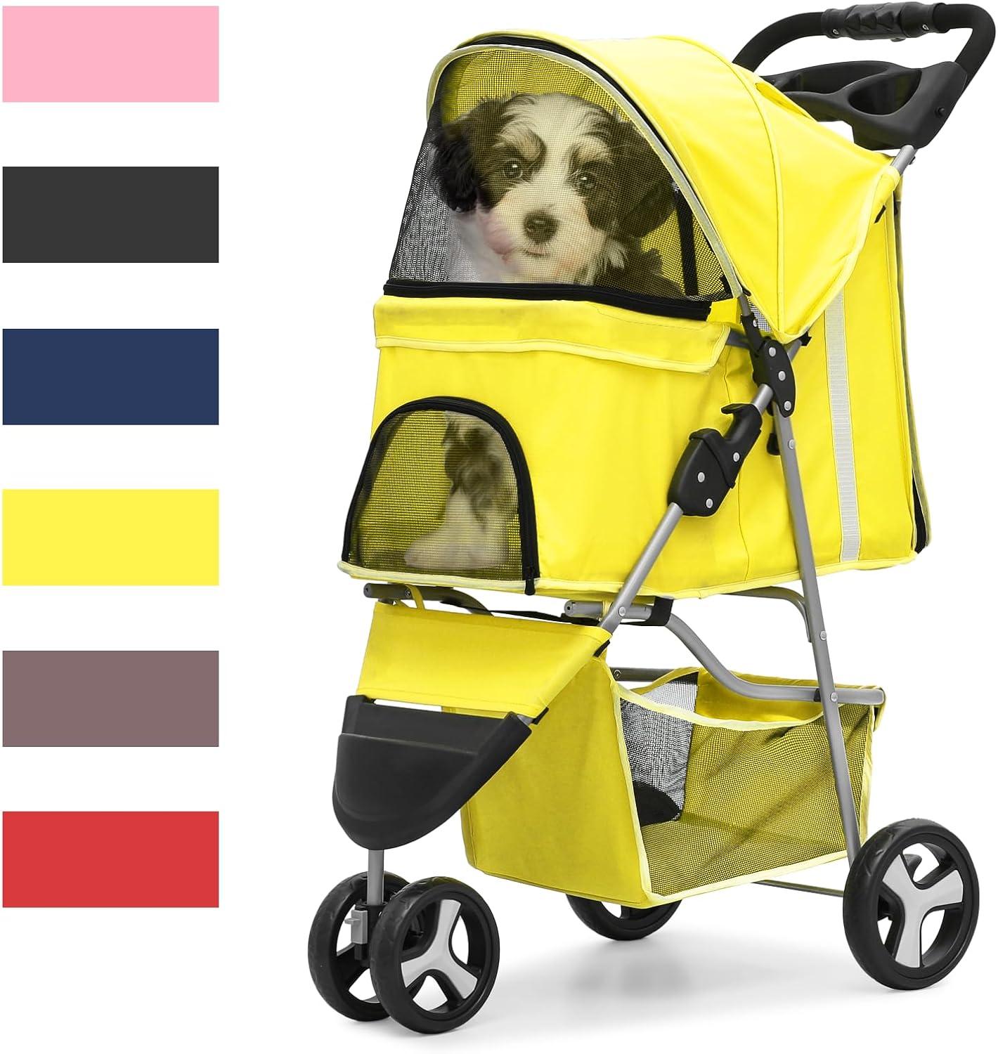 Yellow Foldable Metal Pet Stroller with Mesh Windows