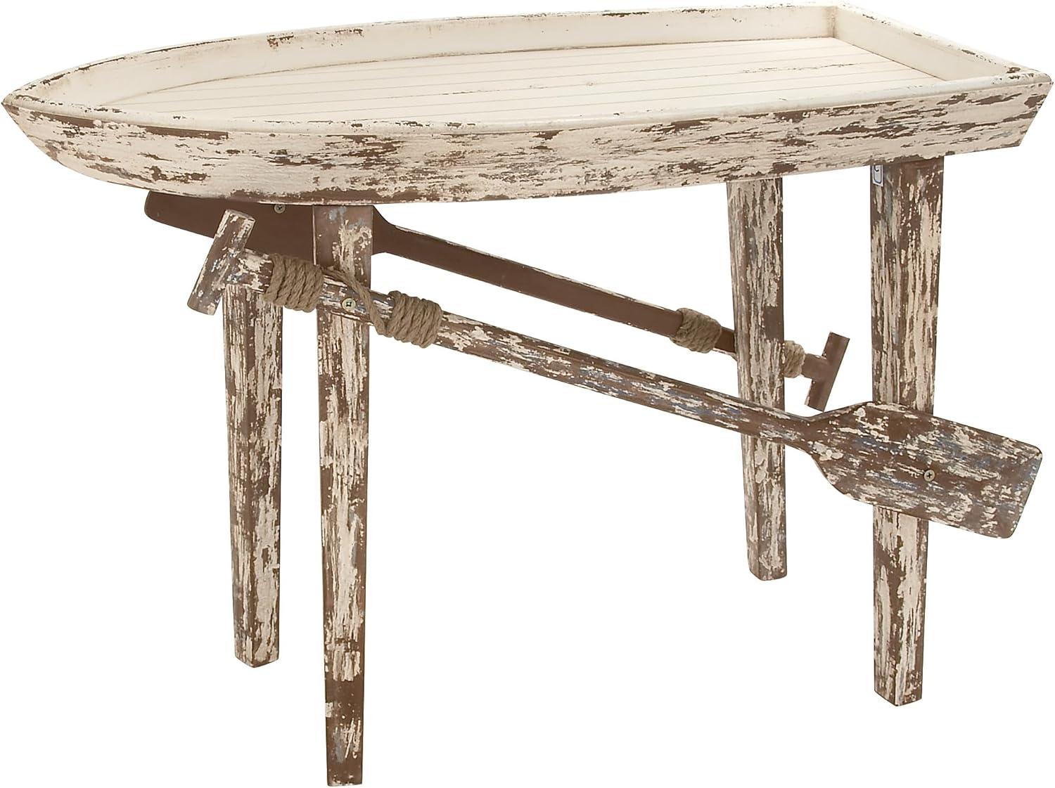 DecMode 49" x 33" White Wood Distressed Tray Top Boat Accent Table with Oar Detailed Legs, 1-Piece