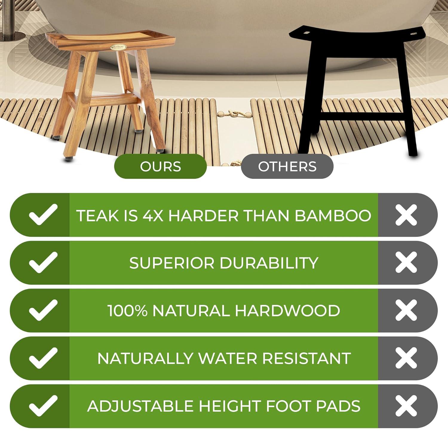 EcoDecors® Satori® 14" Solid Teak Shower Bench, Water-Resistant Bath Stool with Adjustable Feet, EarthyTeak Finish, Indoor/Outdoor Use