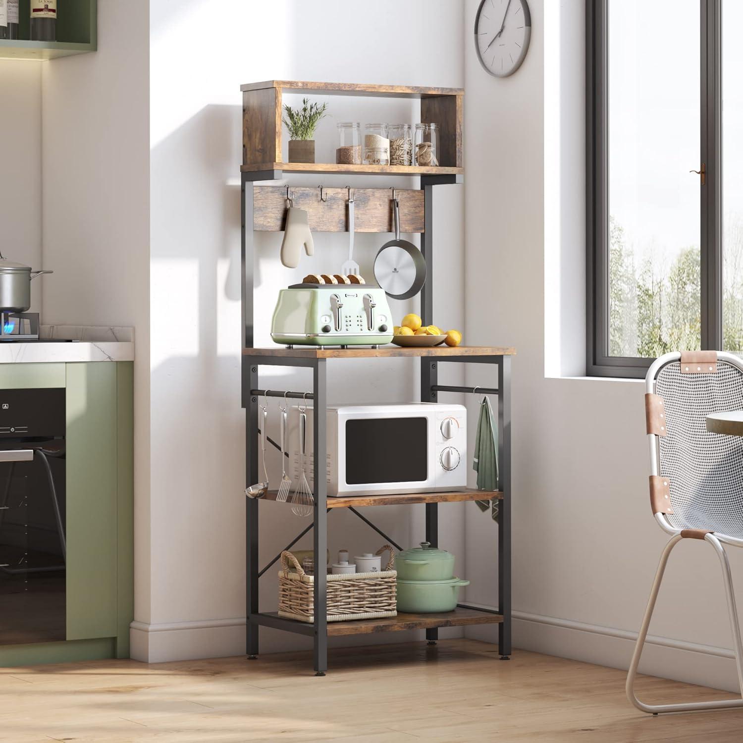 Bestier Kitchen Baker's Rack Microwave Oven Stand Kitchen Shelf with Hutch 8 Side Hooks Coffee Station Utility Storage Shelf for Kitchen Dining Room Living Room