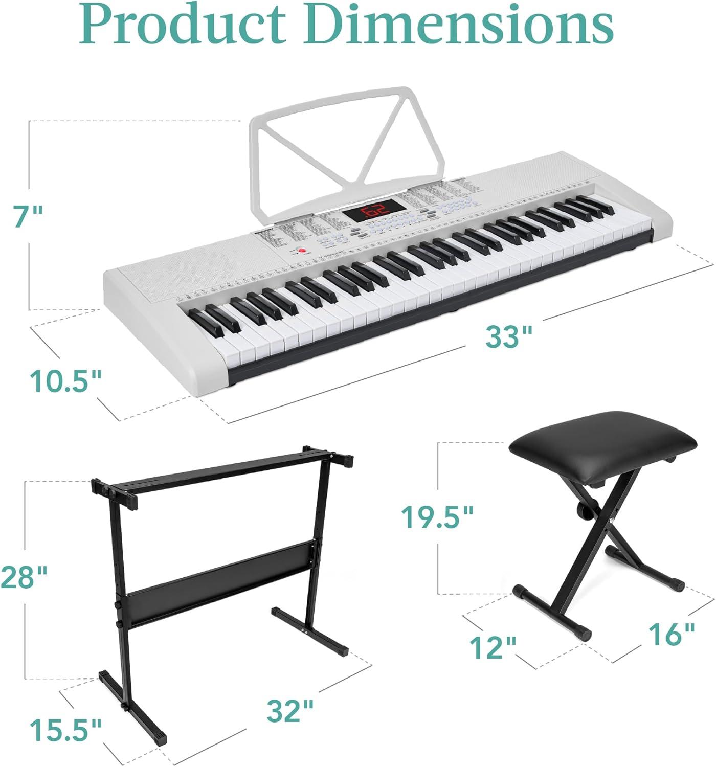 Best Choice Products 61-Key Beginners Electronic Keyboard Piano Set w/ LED, 3 Teaching Modes, H-Stand, Stool - White