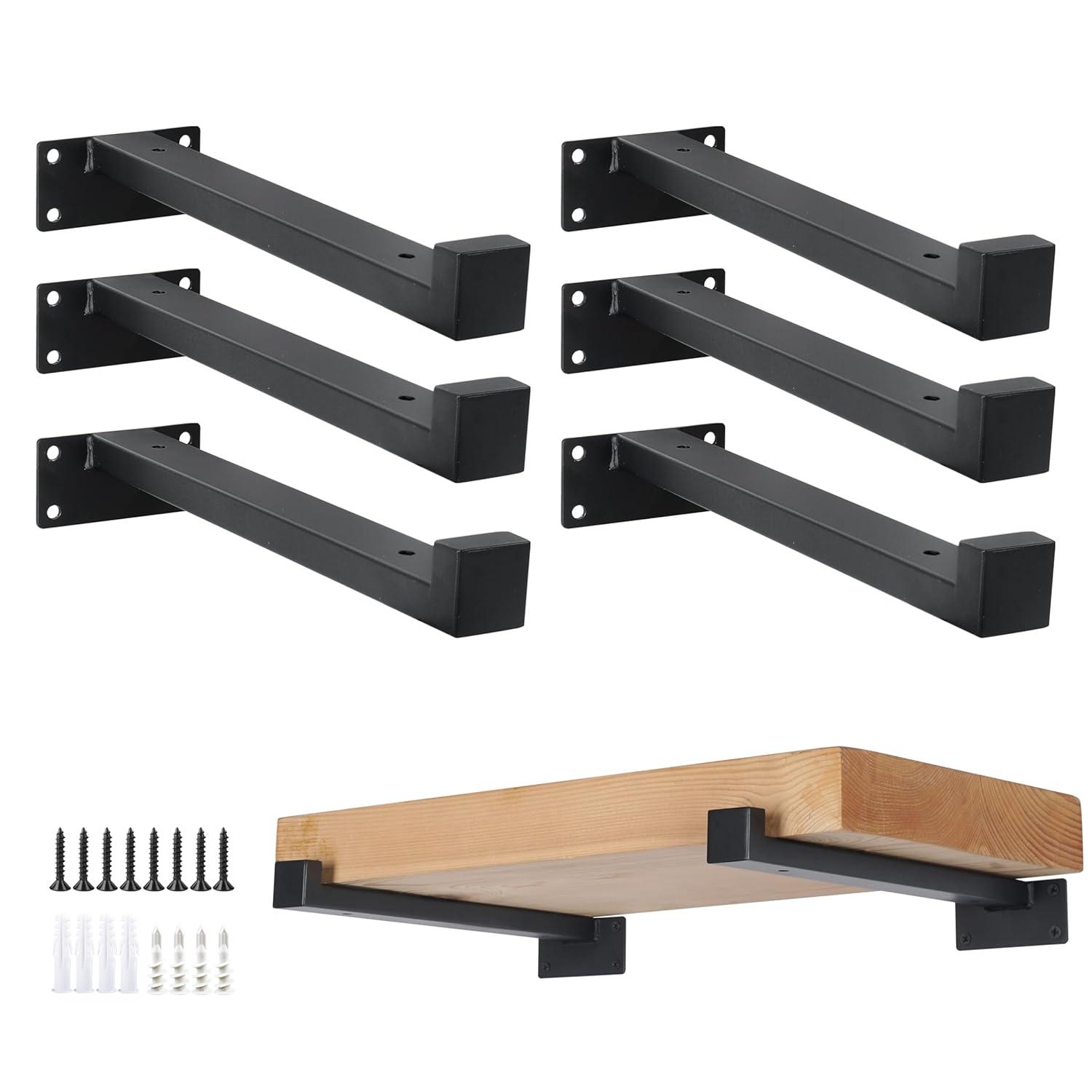 EZYDECOR 6Pcs Floating Shelves Brackets Heavy Duty Wooden Shelf Brackets 10inch Decorative Wall Shelf Brackets & Supports with Lip (Black) 10"