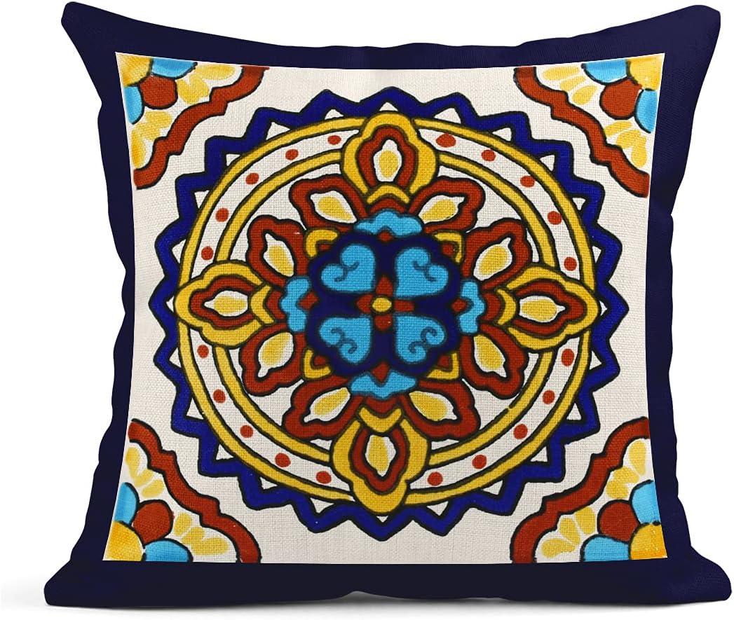 Exotic Geometry Linen Pillow Covers - Set of 4 Spanish Talavera Dark Retro Ethnic Home Decor 18"x18" Flax Cushion Cases Square Pillowcases
