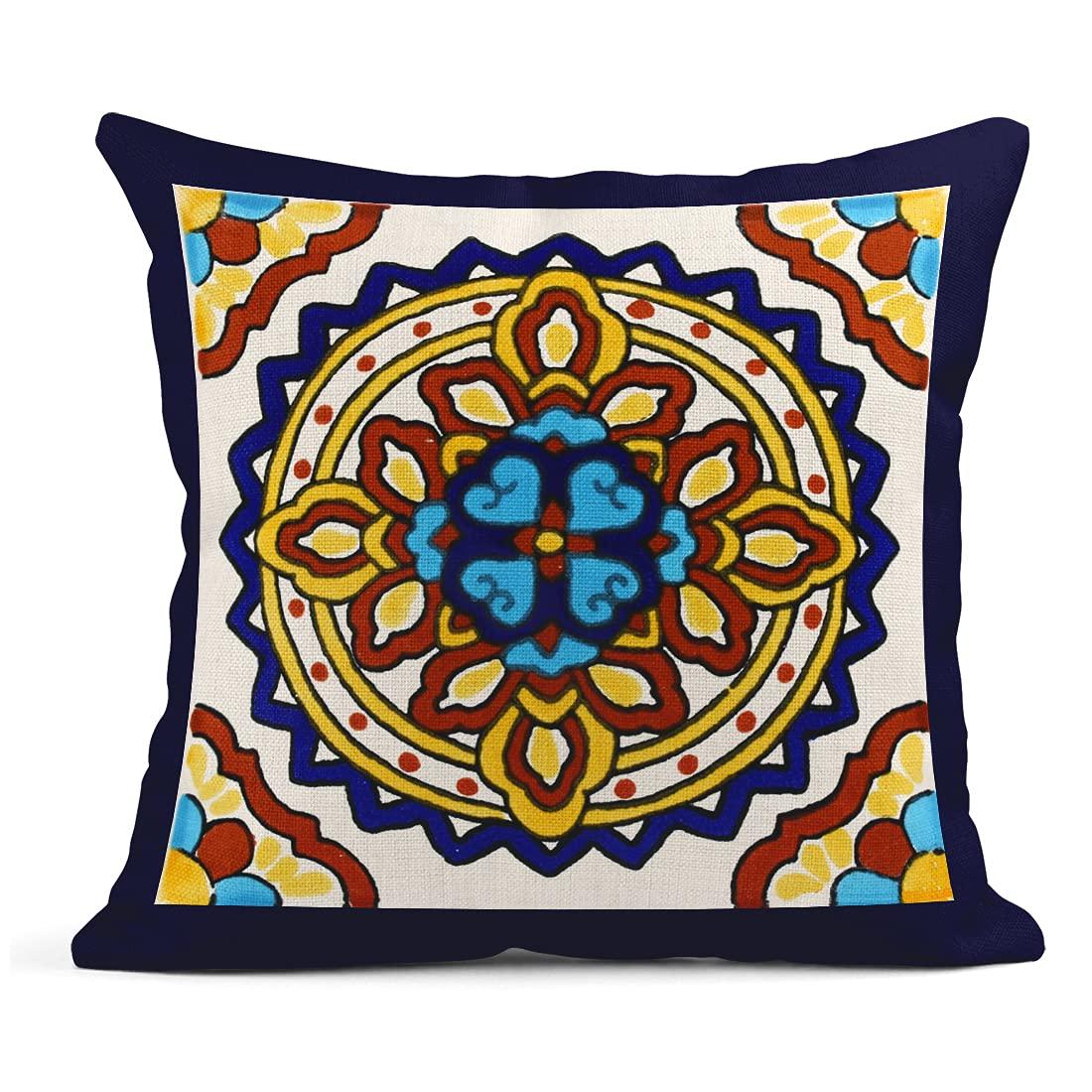 Exotic Geometry Linen Pillow Covers - Set of 4 Spanish Talavera Dark Retro Ethnic Home Decor 18"x18" Flax Cushion Cases Square Pillowcases