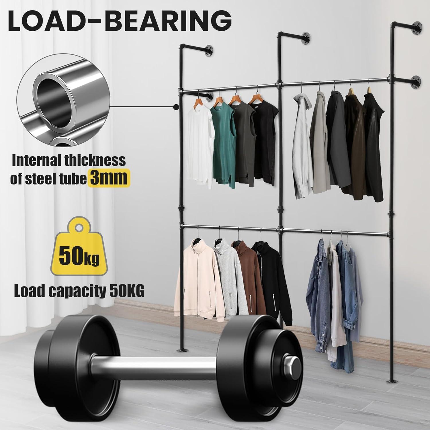 Magula Industrial Pipe Clothing Rack，Moden Commercial Grade Pipe Clothes Racks for Wardrobe, Bedroom and as Walk-in Closet System，Wall Mounted Heavy Duty Steampunk Garment Clothes Rack,Black (Double)