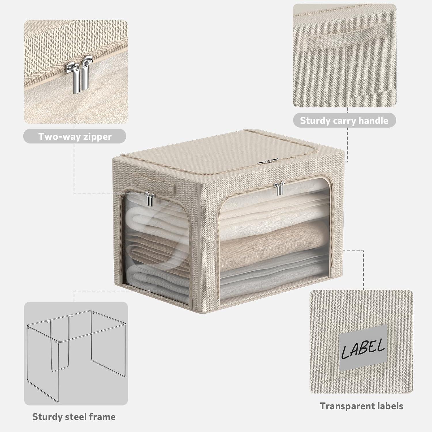 3 Openings Clothes Storage Bins With Metal Frame, Foldable Storage Bin For Clothes, Clothing Storage Bins With Lid, Linen Storage Box With Clear Window& Zippers& Durable Handles.(3 Pcs,Light Grey,40L)