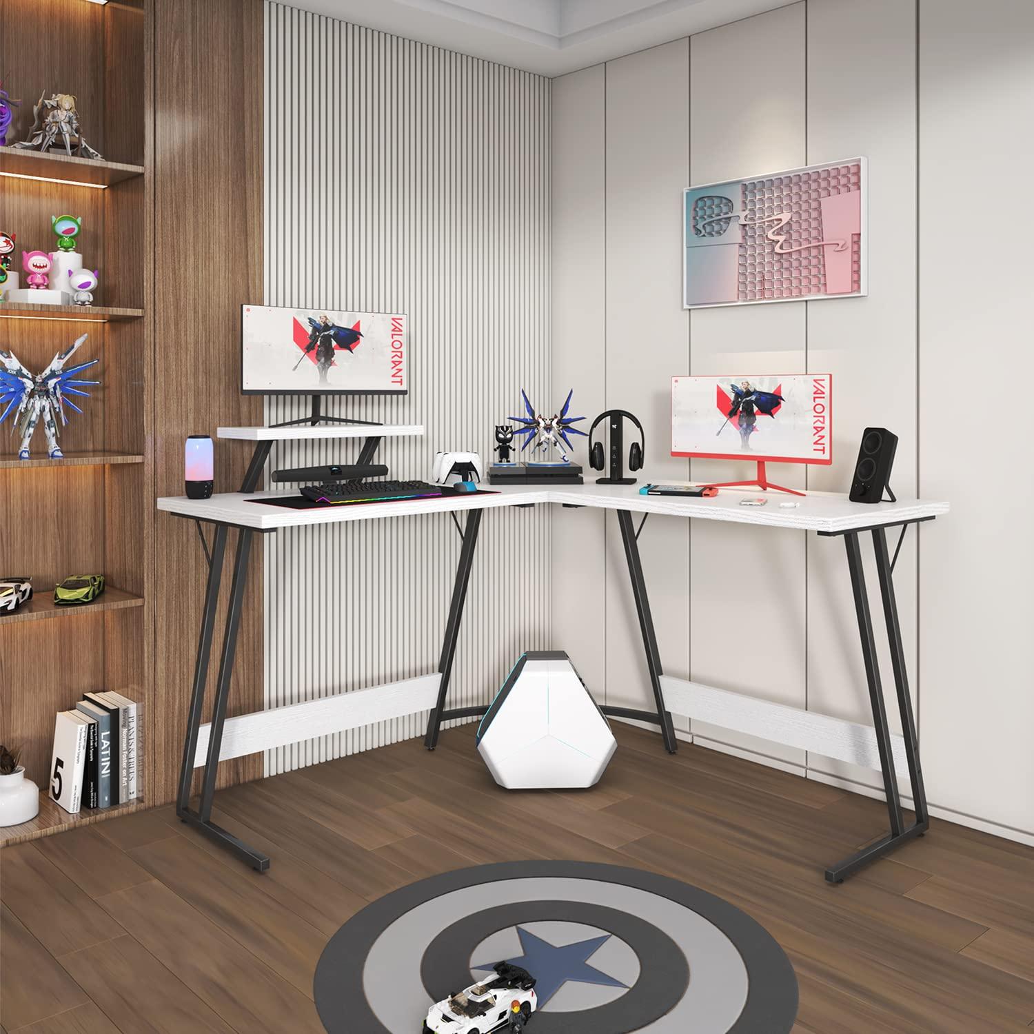 CL.HPAHKL L Shaped Desk Corner Gaming Desk Table with Large Monitor Riser Stand Computer Desk with Large Desktop Studying and Working and Gaming for Home and Work Place（ White 51 Inch ）