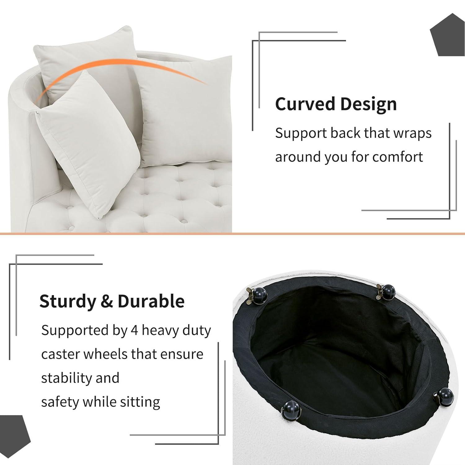 Swivel Barrel Accent Chair, 30in Modern Velvet Round Sofa Chair with 3 Pillows and Wheels, Comfy Tufted Club Lounge Chair for Living Room, Bedroom(Beige)