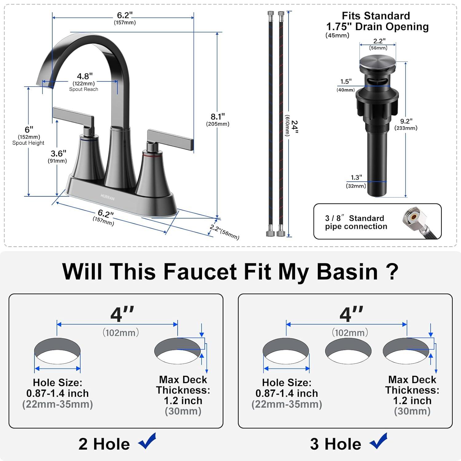 4 Inch Bathroom Faucets for Sink 3 Hole, Faucet for Bathroom Sink with Pop-up Drain & Supply Hoses, 2-Handle 360 Swivel Spout Stainless Steel Lead-Free, Centerset Faucet for Vanity Lavatory