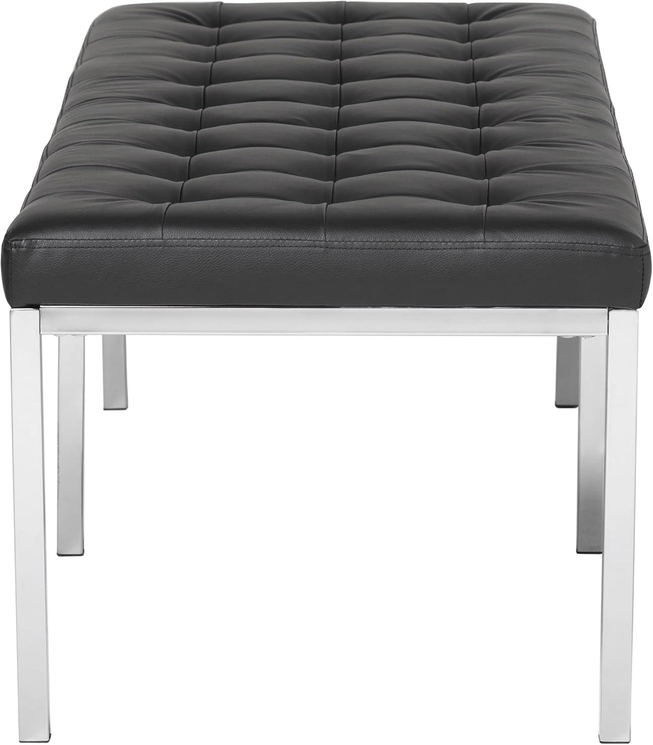 Lintel 60'' Ebony Bonded Leather Tufted Bench with Chrome Finish
