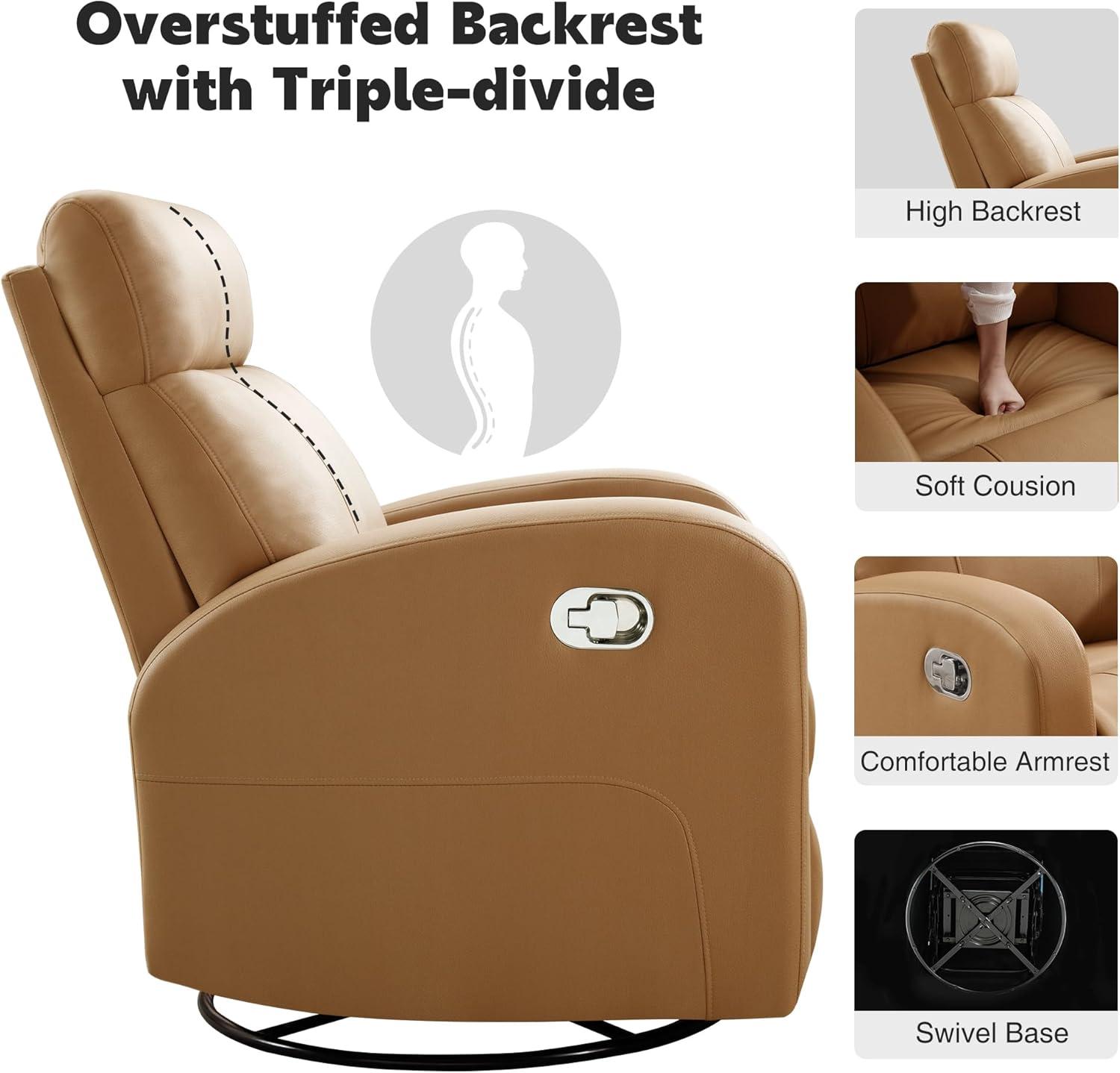 Swivel Rocker Recliner Chair, Manual Leather Recliner, Glider Rocking Recliner Chair 360°Swivel Nursery Reclining Chair with Adjustable Headrest/Highback for Living Room, Brown
