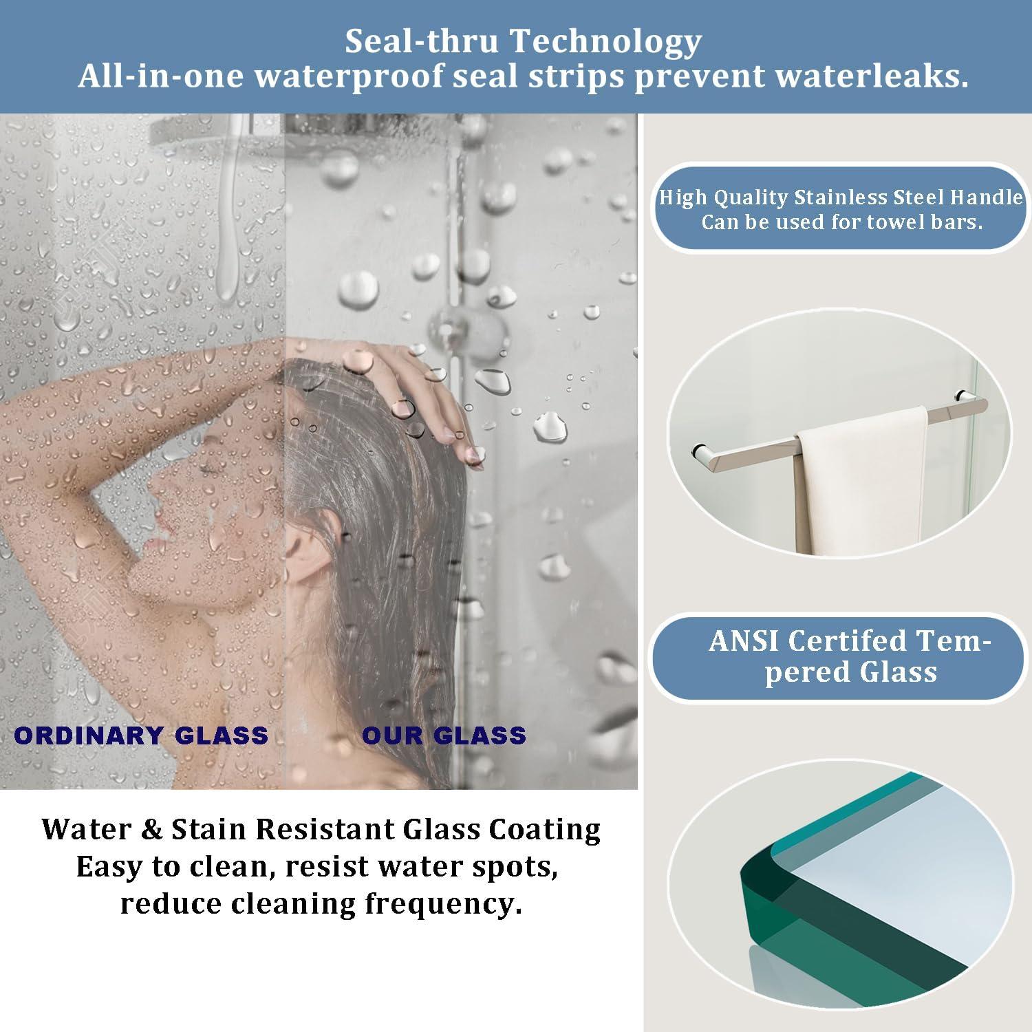 MCOCOD DS01H-7276-BR 72" W x 76" H x 2/5" THK Tempered Glass Double Smooth Sliding Frameless Shower Door with Towel Bar Handle & Knob & Anti-Collision Function