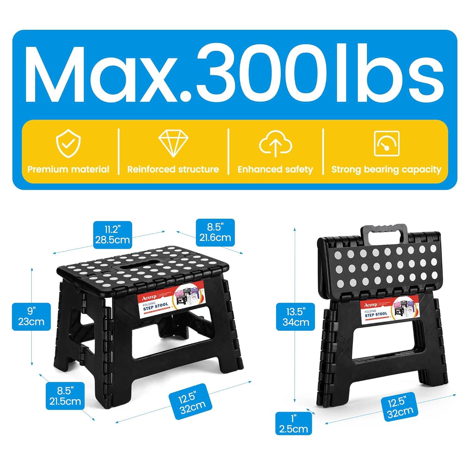 ACSTEP Folding Step Stool 9'' Tall Kids Step Stool Plastic Step Stools with Non-Slip Surface - Black