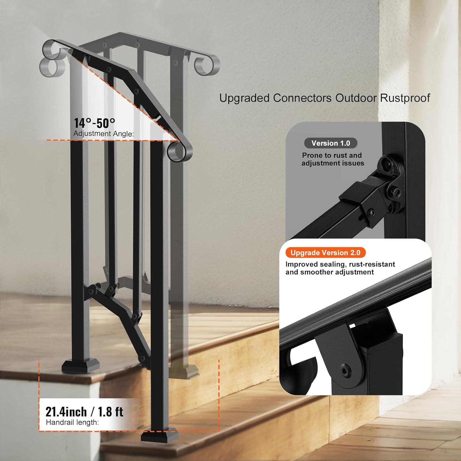 VEVOR Handrails for Outdoor Steps, 2 PCS 2-3 Step Stair Hand Rail Kit, Transitional Carbon Steel Railings with Installation Kit, Stair Rails for Seniors, Concrete & Porch & Deck, Black Square Tube