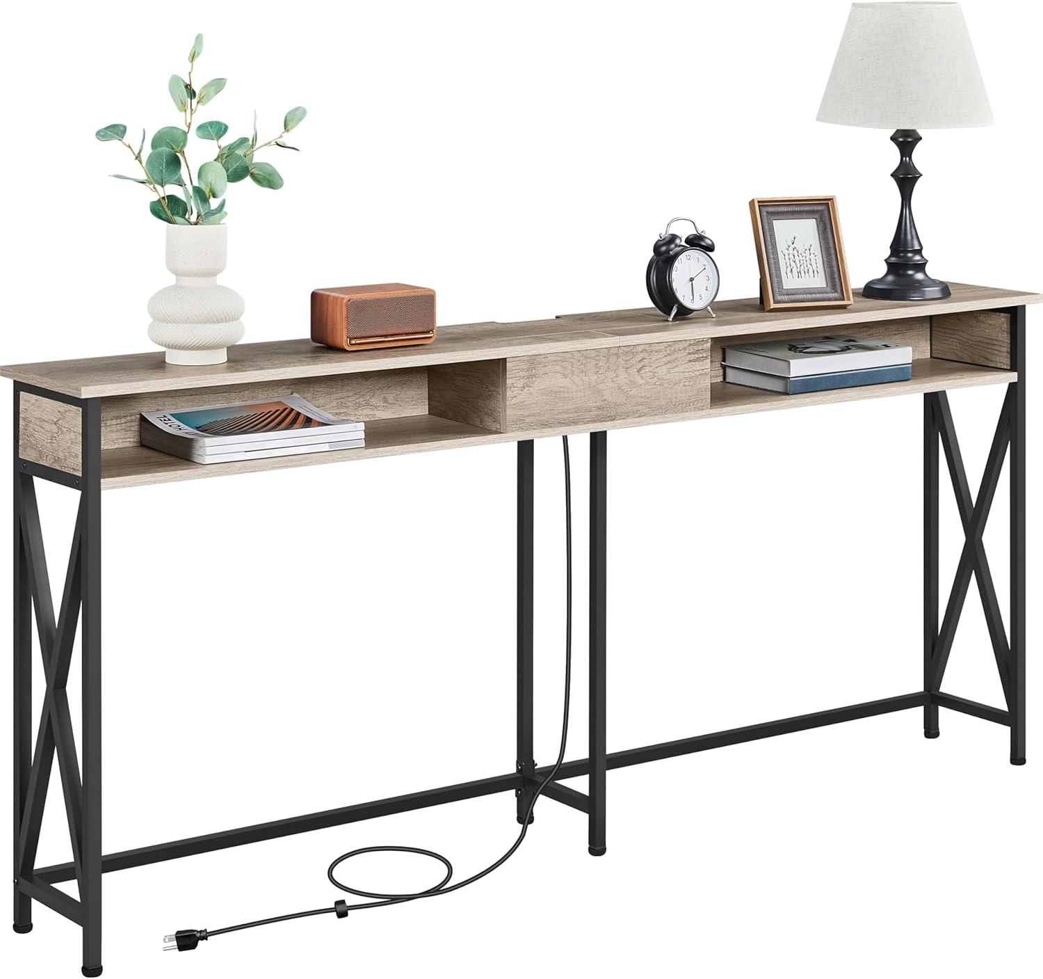 Gray 71-Inch Wood and Metal Console Table with Storage and Power Outlets