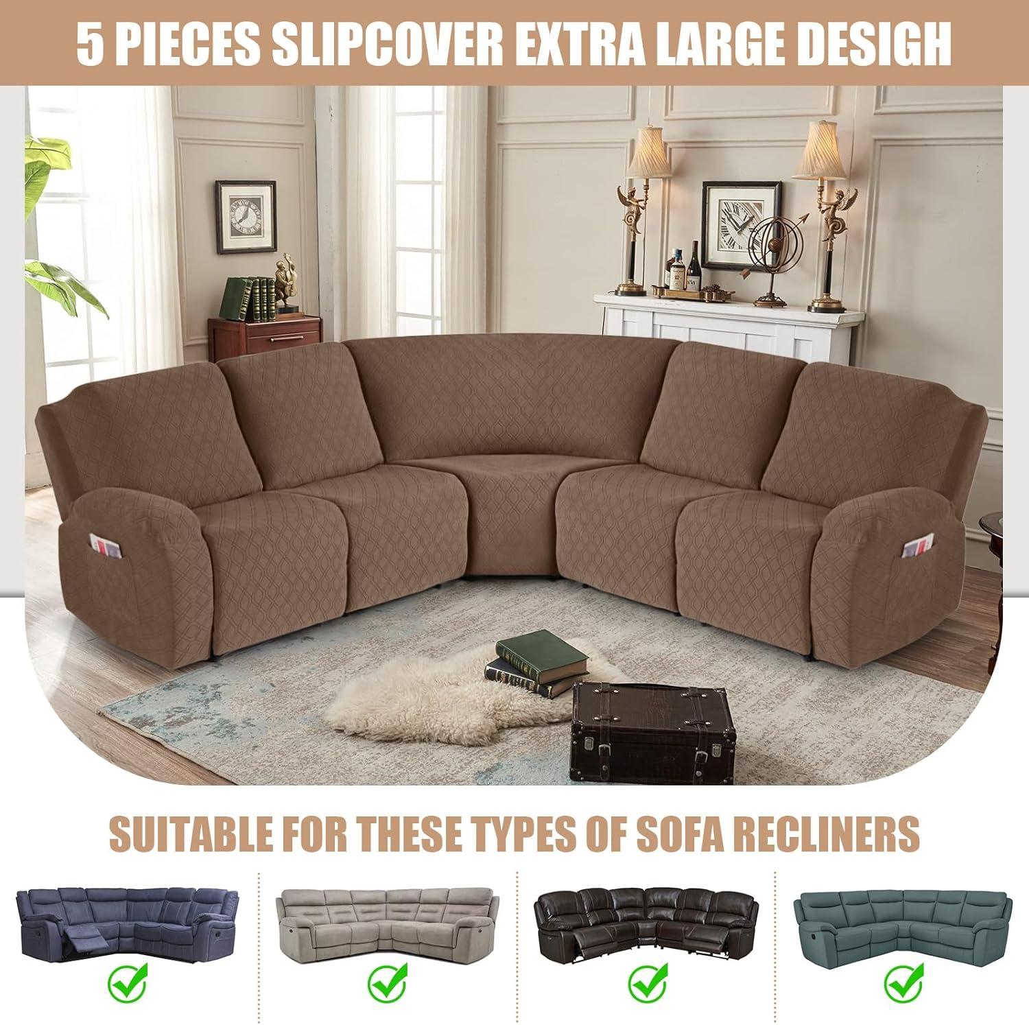 5-Pieces Recliner Corner Sectional Sofa Slipcovers- Oversized Box Cushion Reclining Sofa Covers for L Shaped Couch with Pockets ( 5 Seater)