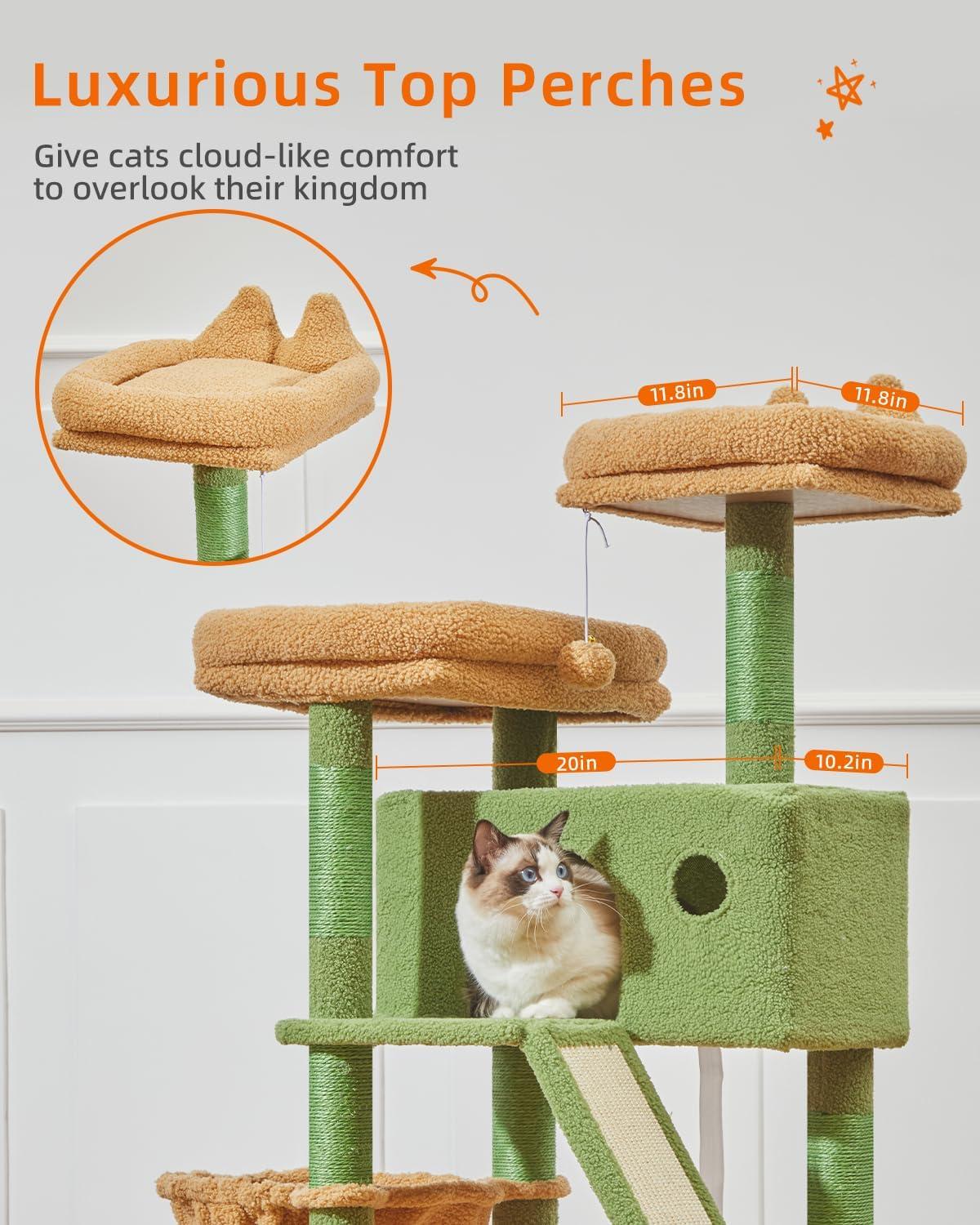 71-Inch Large Cat Tree For Large Cats Plush Multi-Level Cat Condo With 8 Scratching Posts 2 Perches Cave Hammock 2 Pompoms Scratch Board