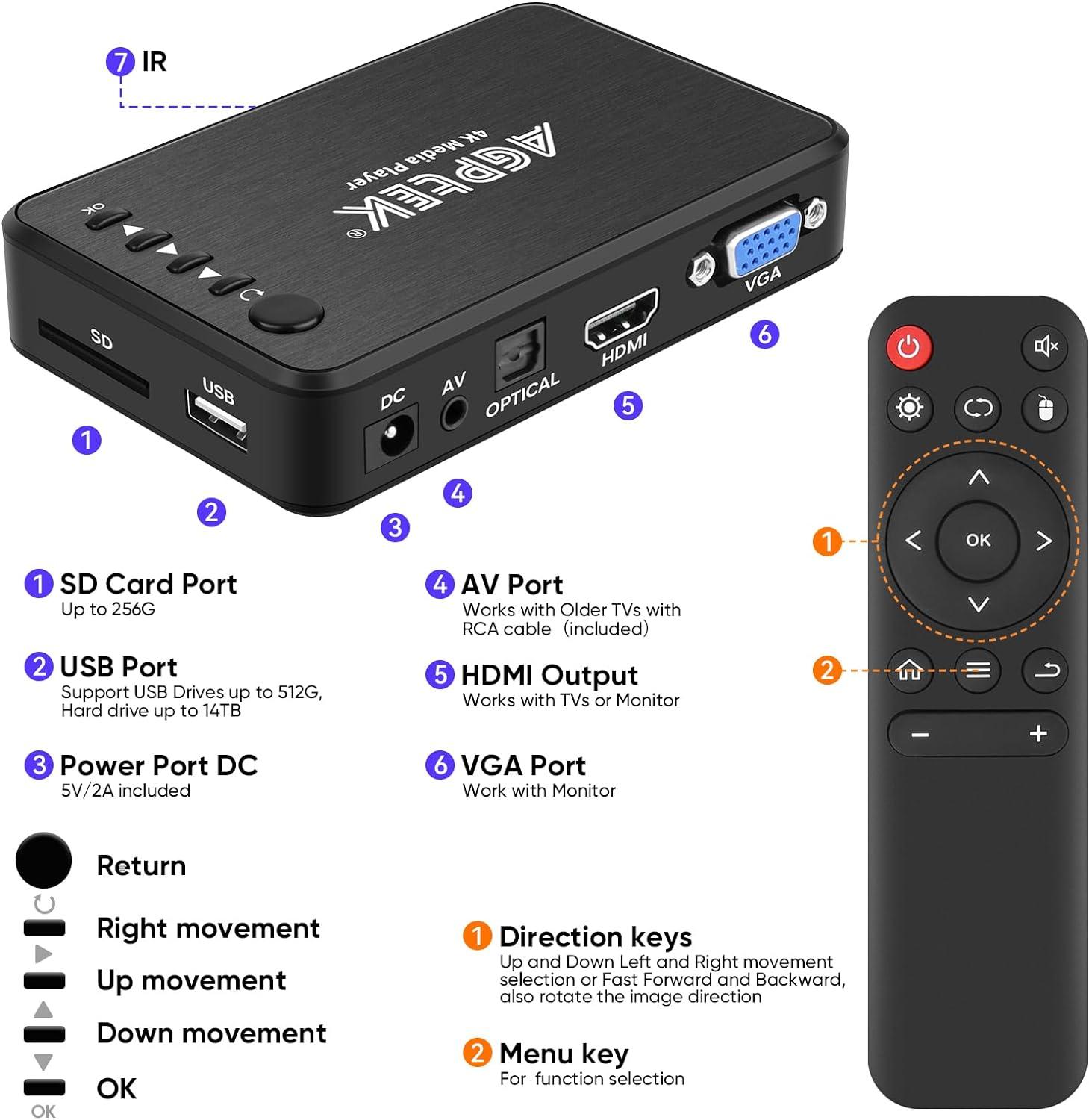 AGPTEK Updated 4K@30hz HDMI TV Media Player with HDMI/AV/VGA Output, Digital MP4 Player for 14TB HDD/ 256G USB Drive/SD Card/H.265 MP4, with Remote Control for MP3 AVI RMVB MPEG etc